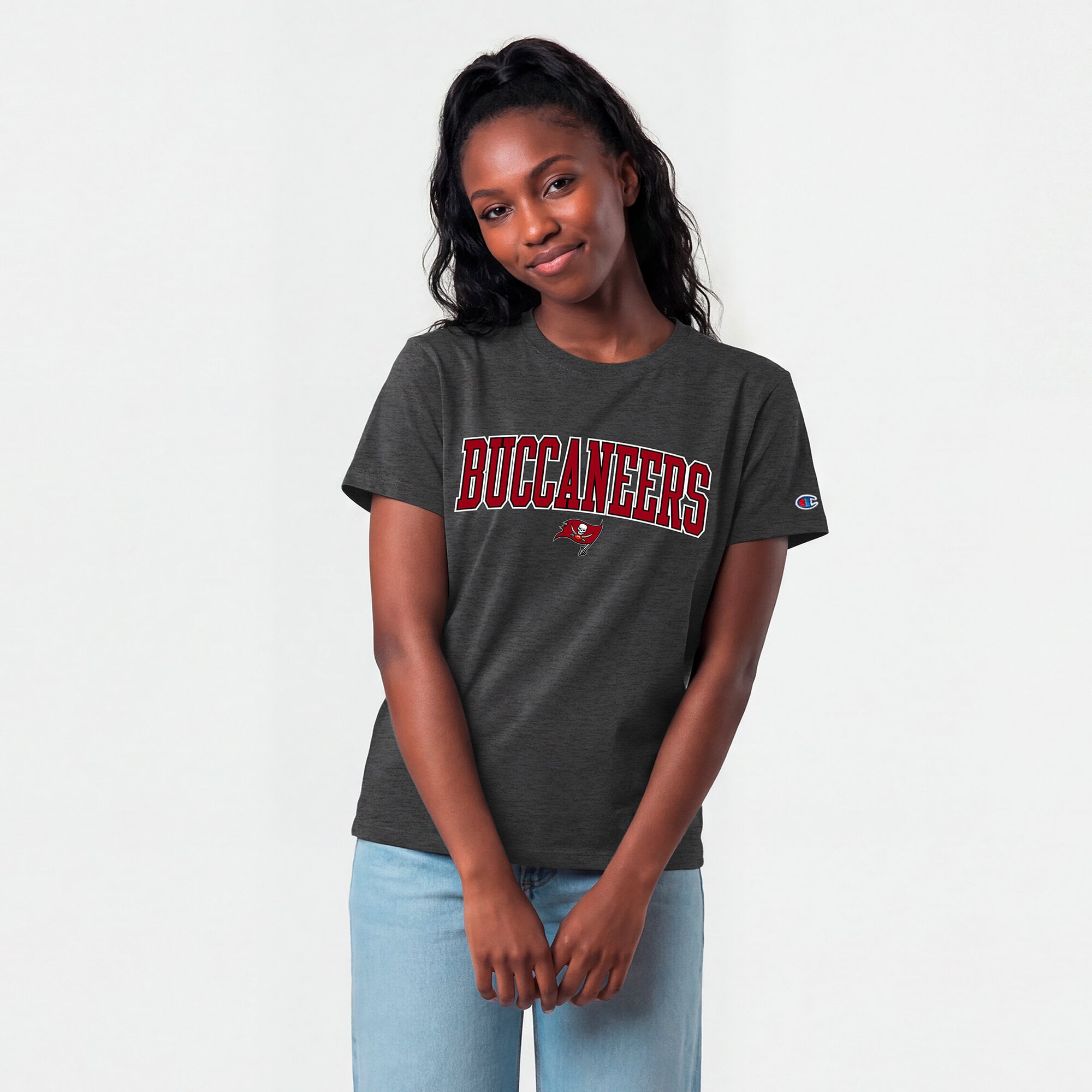 Women's Champion Heather Charcoal Tampa Bay Buccaneers Arched Over Logo T-Shirt