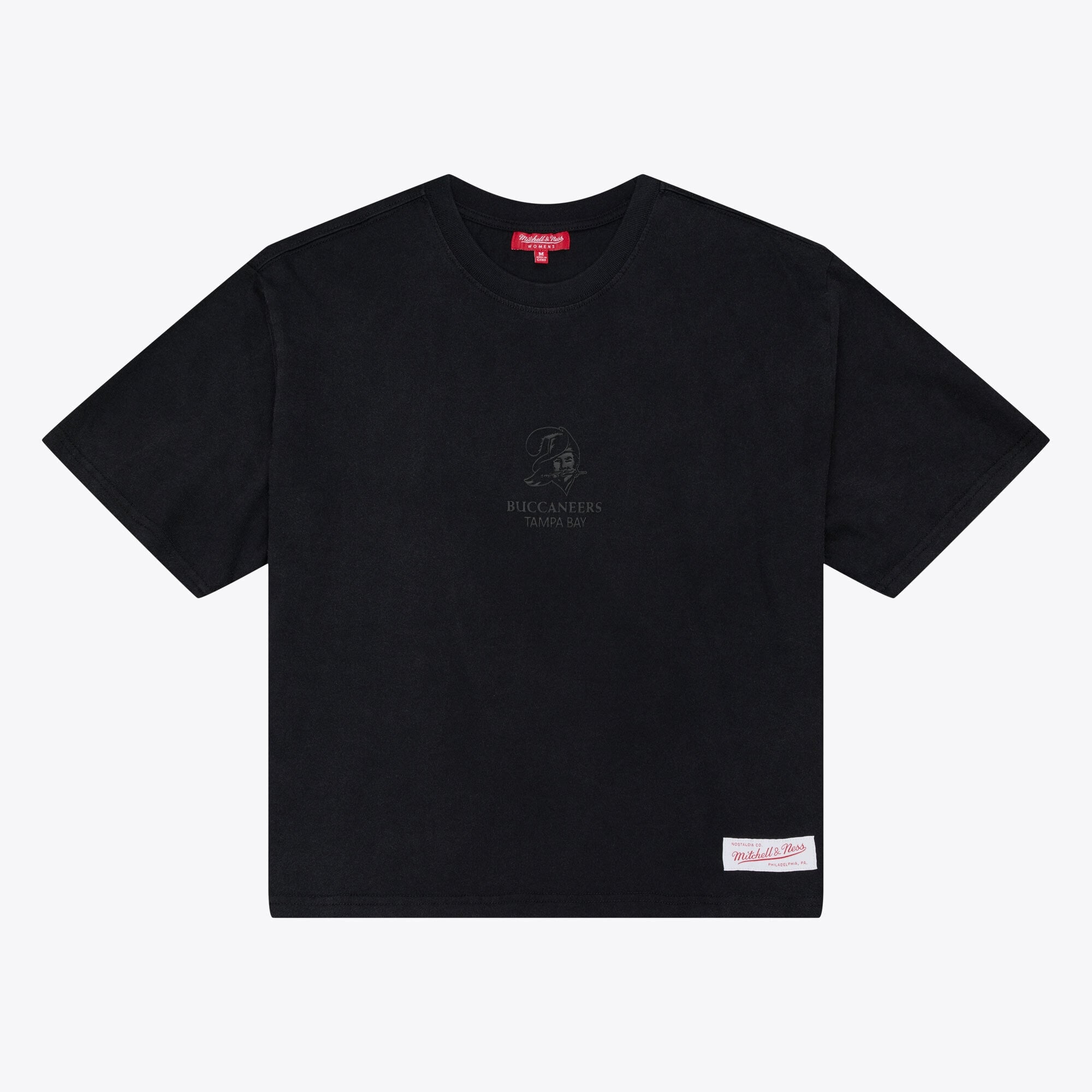 Women's Mitchell & Ness Black Tampa Bay Buccaneers Core Essentials Micro Logo Boxy Crop T-Shirt
