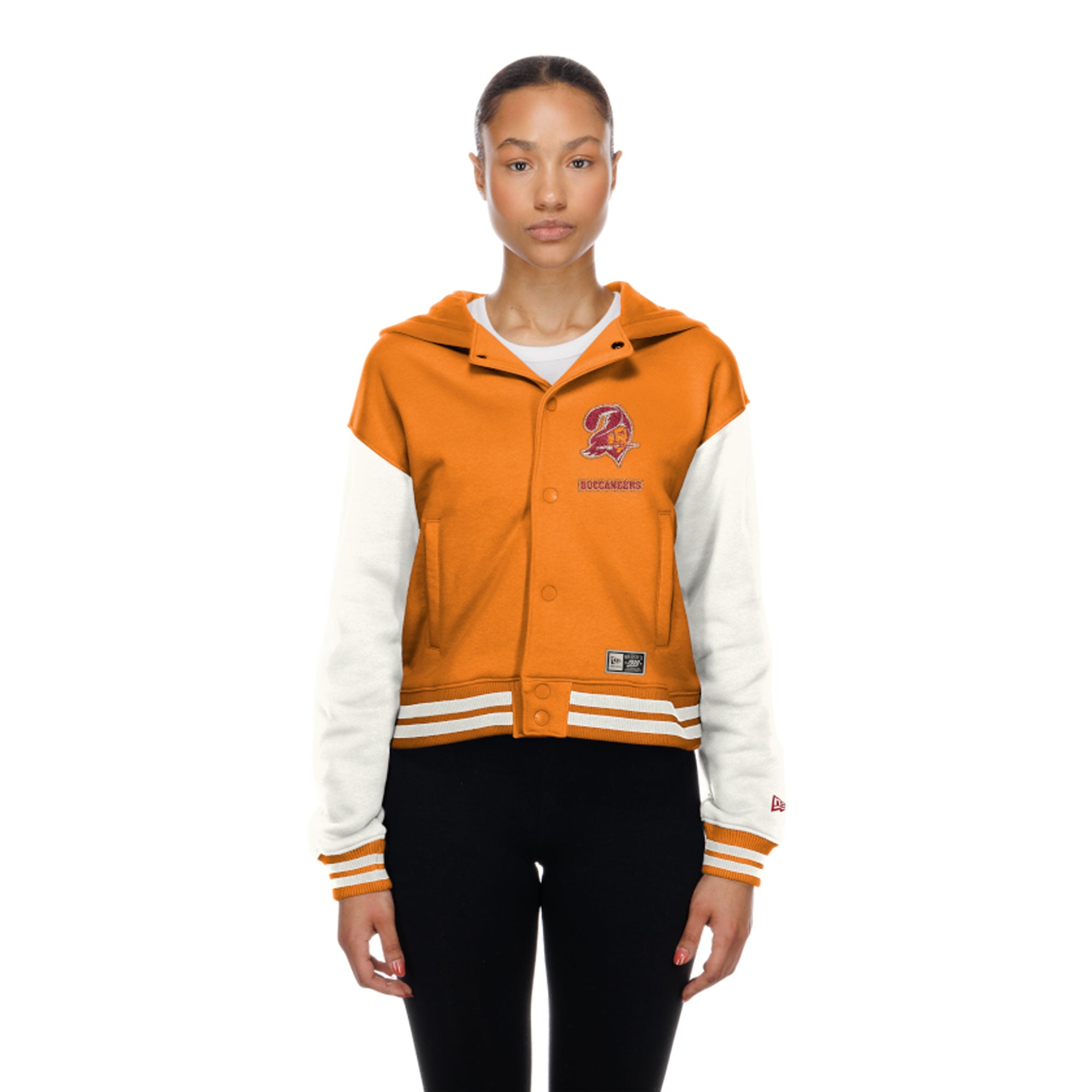 Veste à capuche New Era Tampa Bay Buccaneers orange rétro pour femme, fermeture boutons-pression.