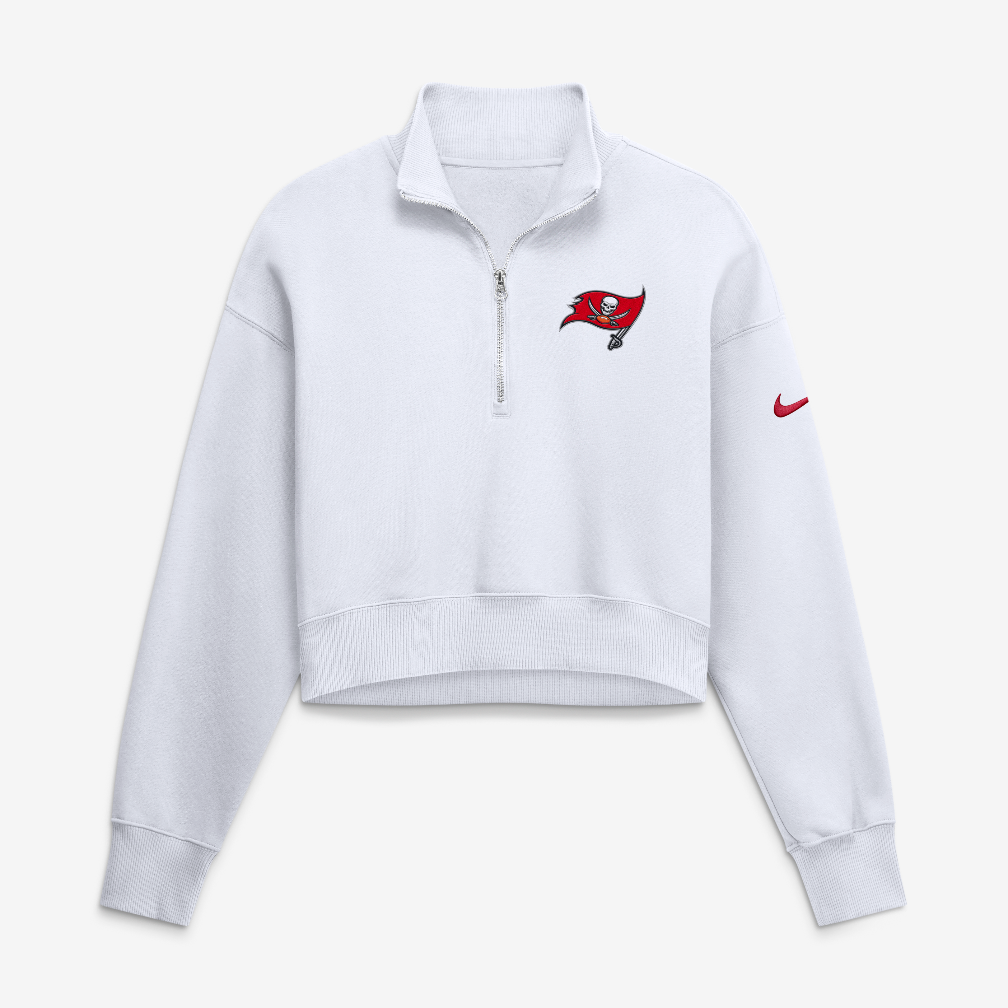 Sweat-shirt court à col zippé Nike blanc Tampa Bay Buccaneers pour femme, coupe oversize, en polaire Phoenix.