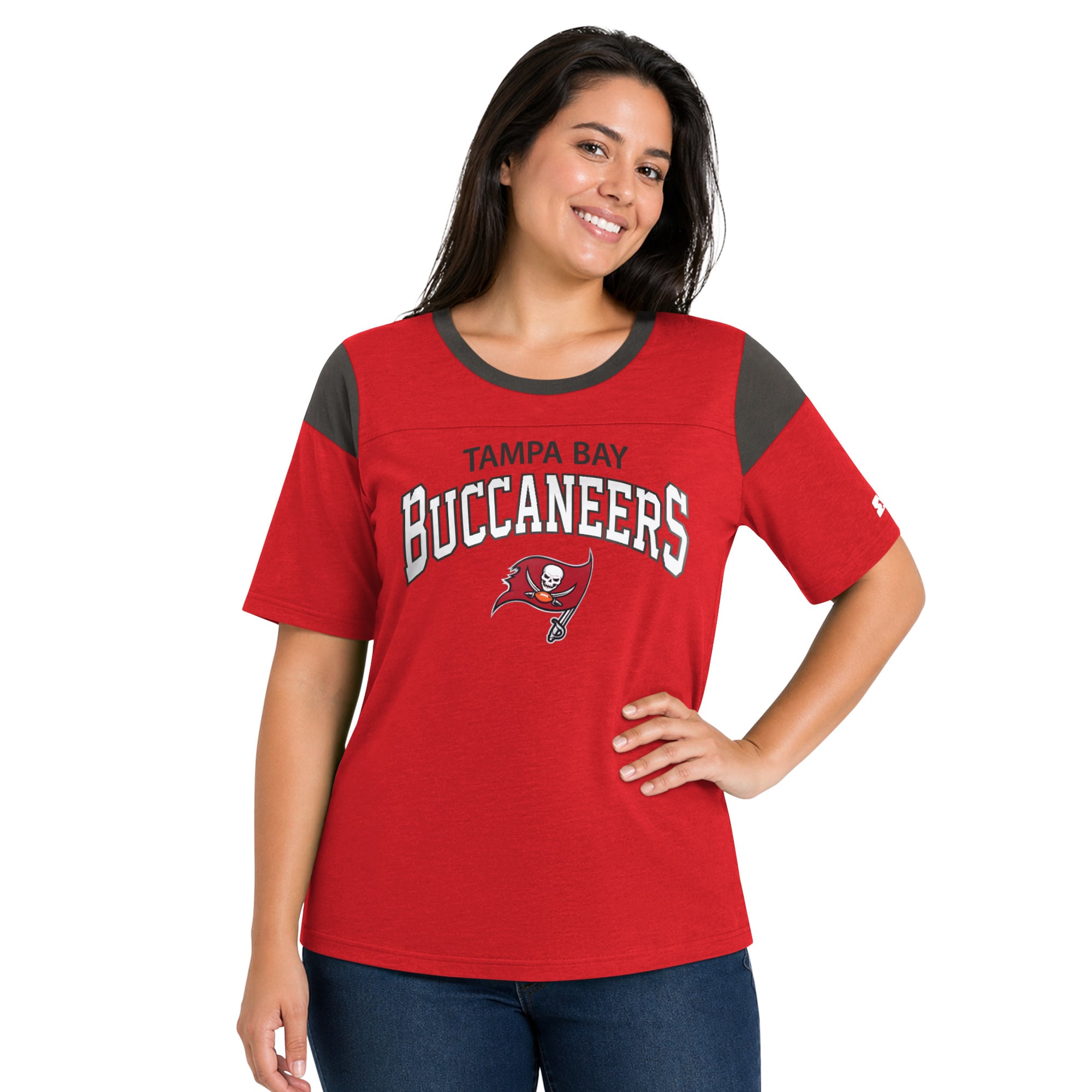 T-shirt Starter rouge pour femme, Tampa Bay Buccaneers, grande taille, style linebacker, en maille flammée.