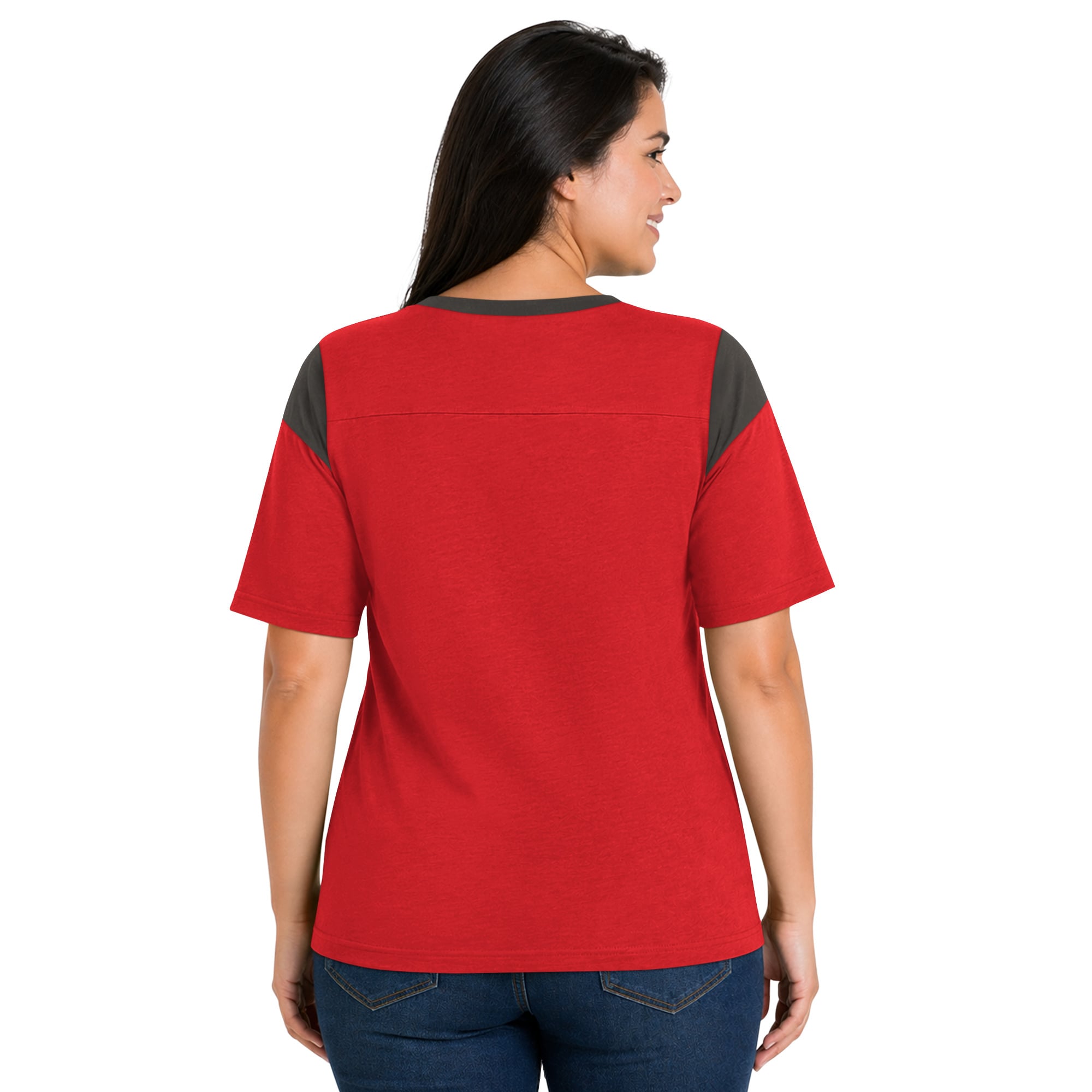 T-shirt Starter rouge pour femme, Tampa Bay Buccaneers, grande taille, style linebacker, en maille flammée.