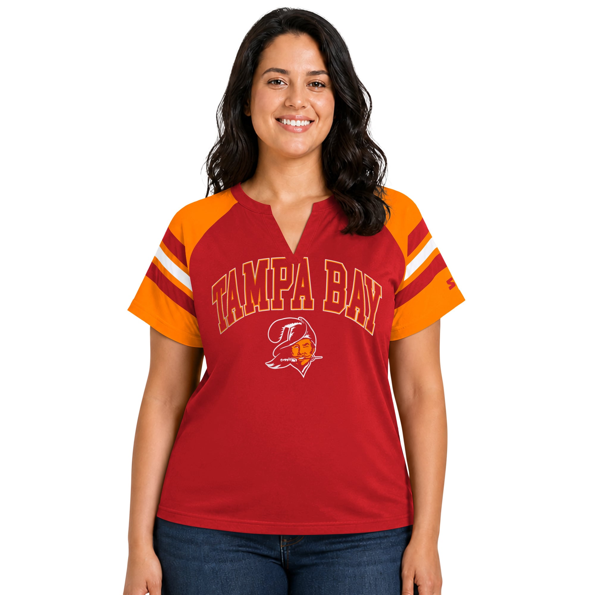 T-shirt raglan Starter rouge pour femme, Tampa Bay Buccaneers, grande taille, style rétro, col cranté