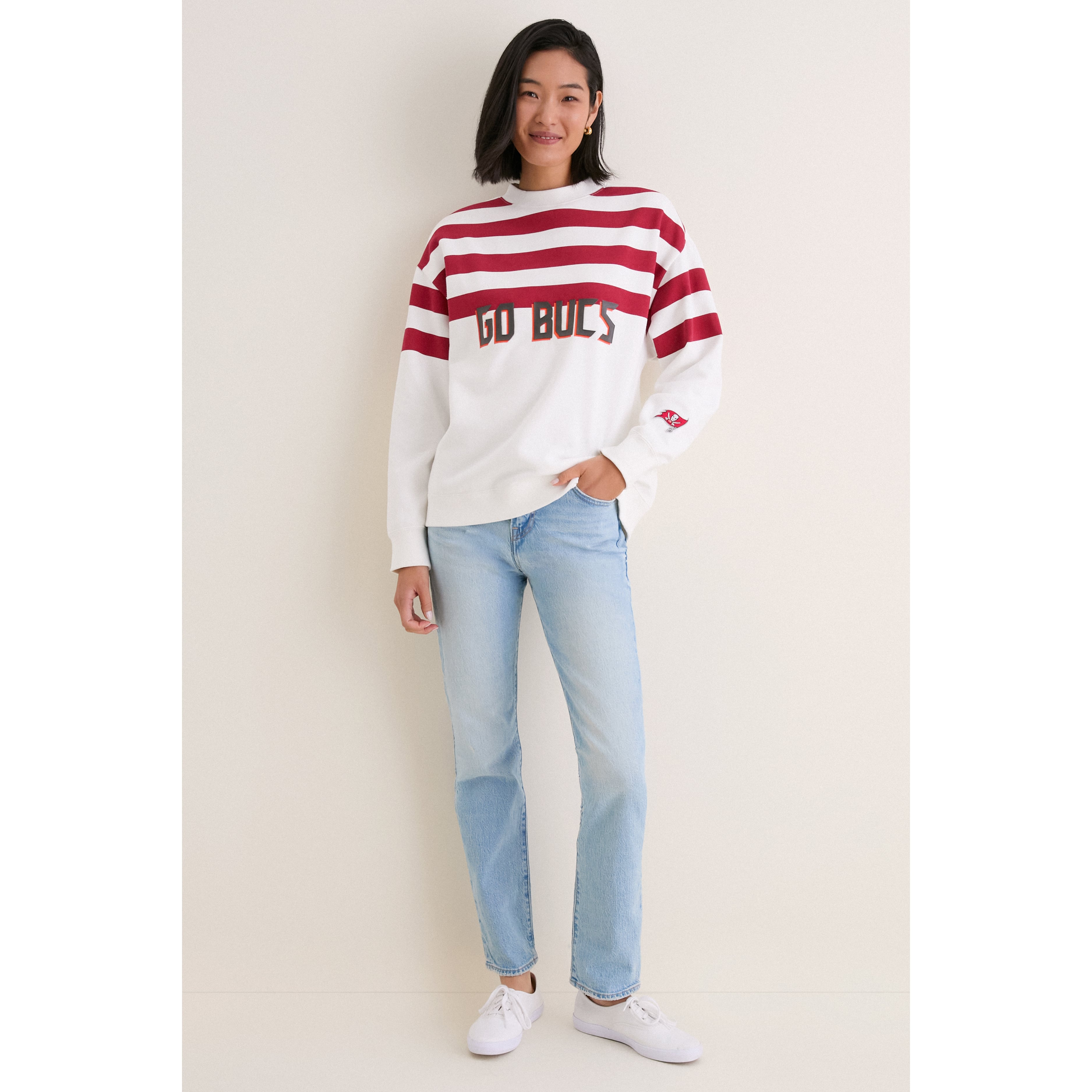 Women's Tuckernuck White/Red Tampa Bay Buccaneers Stripe Sweatshirt