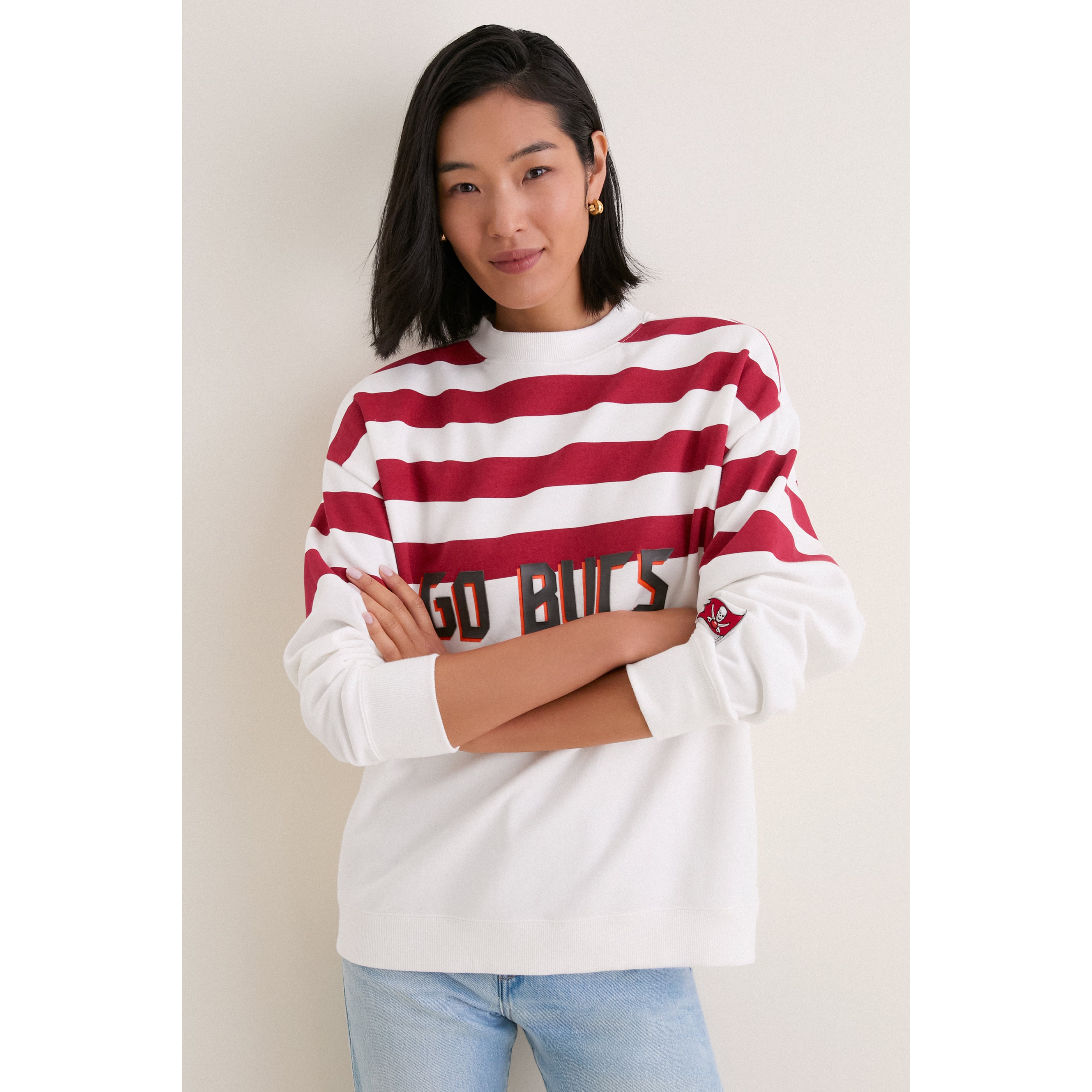 Women's Tuckernuck White/Red Tampa Bay Buccaneers Stripe Sweatshirt