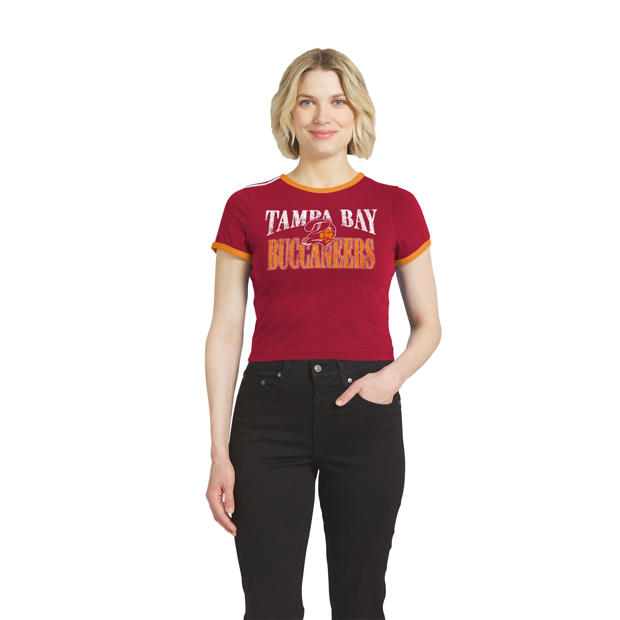 Women's WEAR by Erin Andrews Red Tampa Bay Buccaneers Cropped Throwback Ringer Baby T-Shirt