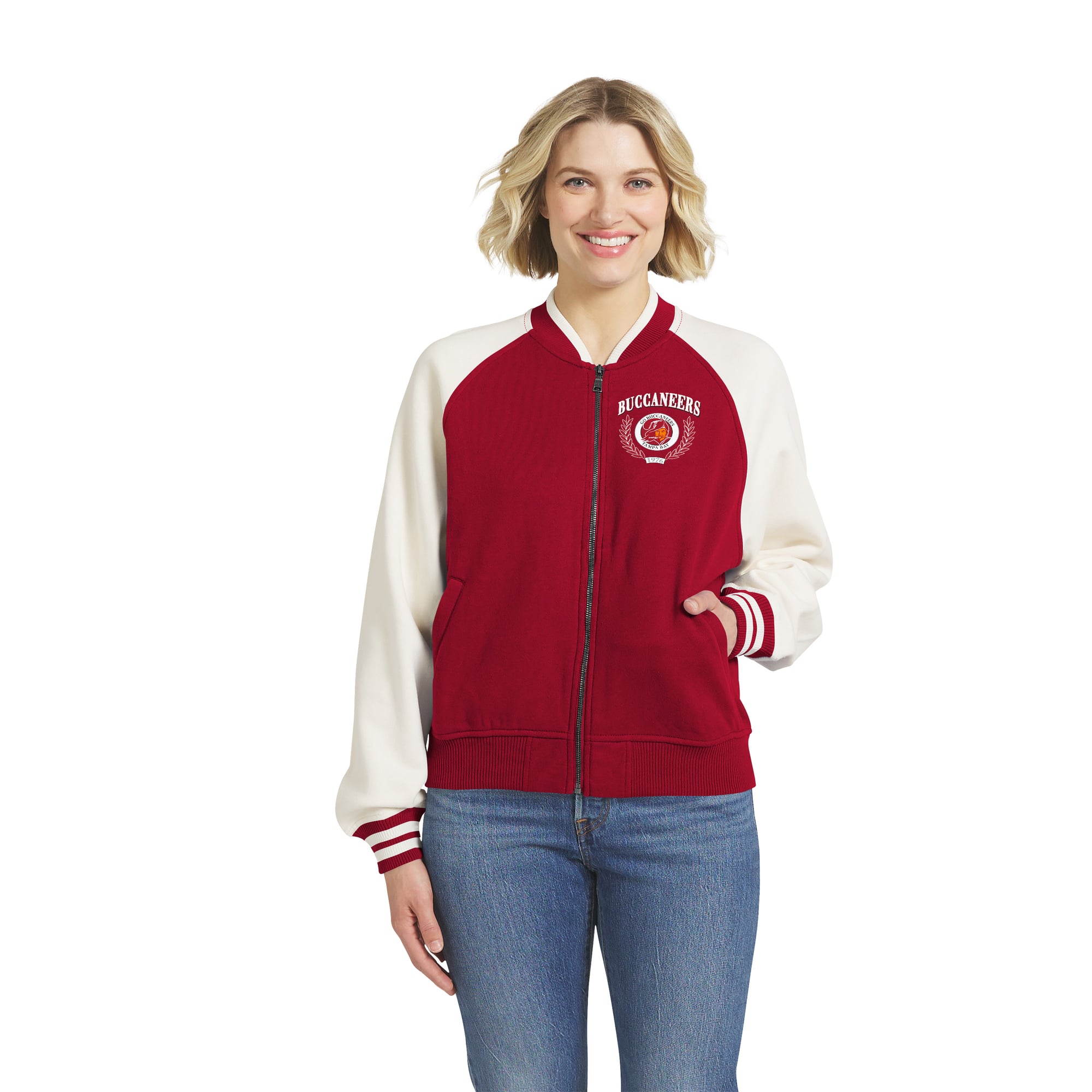 Veste polaire raglan zippée à fermeture éclair intégrale WEAR by Erin Andrews rouge Tampa Bay Buccaneers style rétro