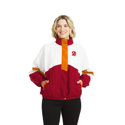  Tampa Bay Buccaneers WEAR by Erin Andrews Women's Throwback Crinkle Full-Snap Hooded Windbreaker Jacket - White/Red
