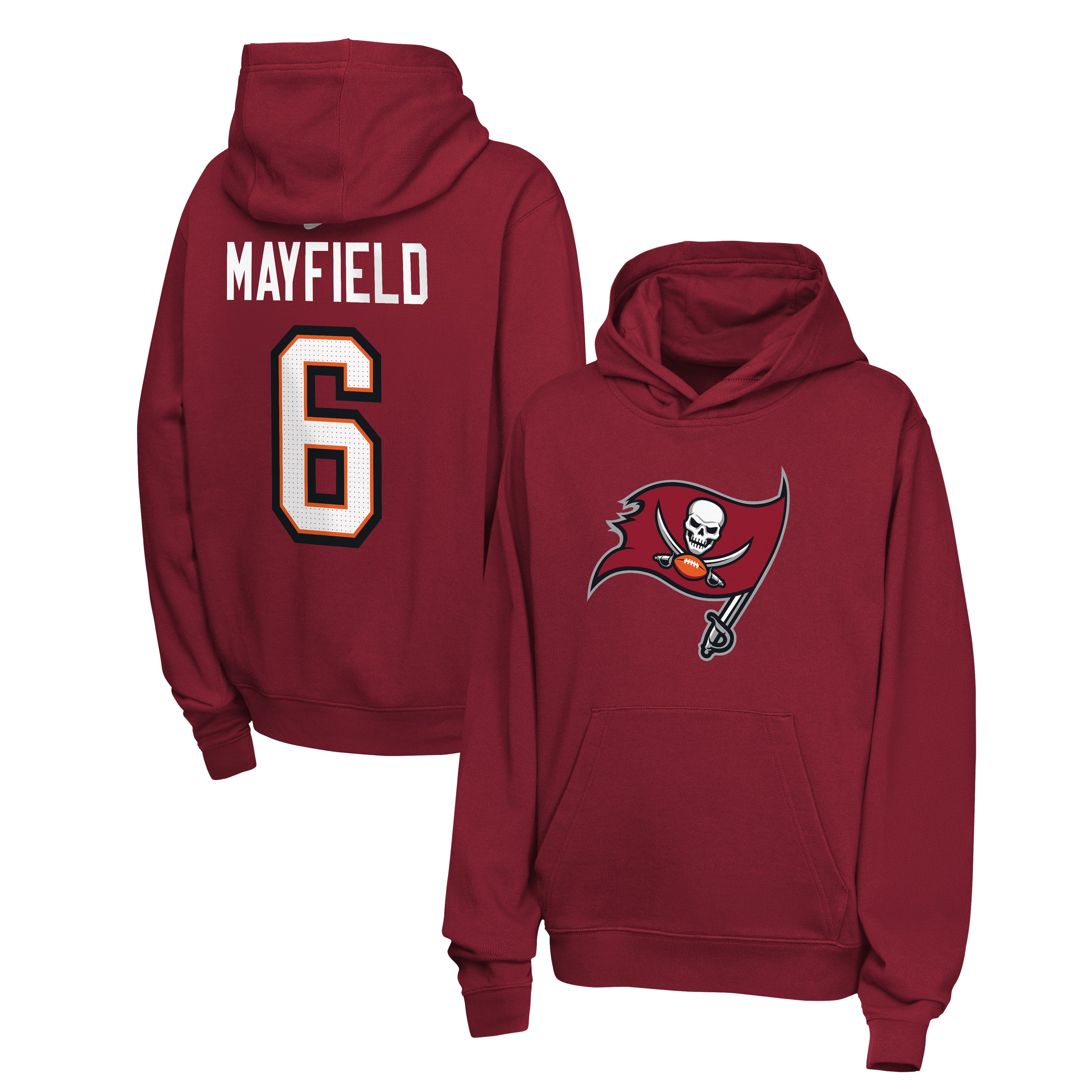 Sweat à capuche polaire Nike Baker Mayfield rouge Tampa Bay Buccaneers pour enfant, avec nom et numéro.