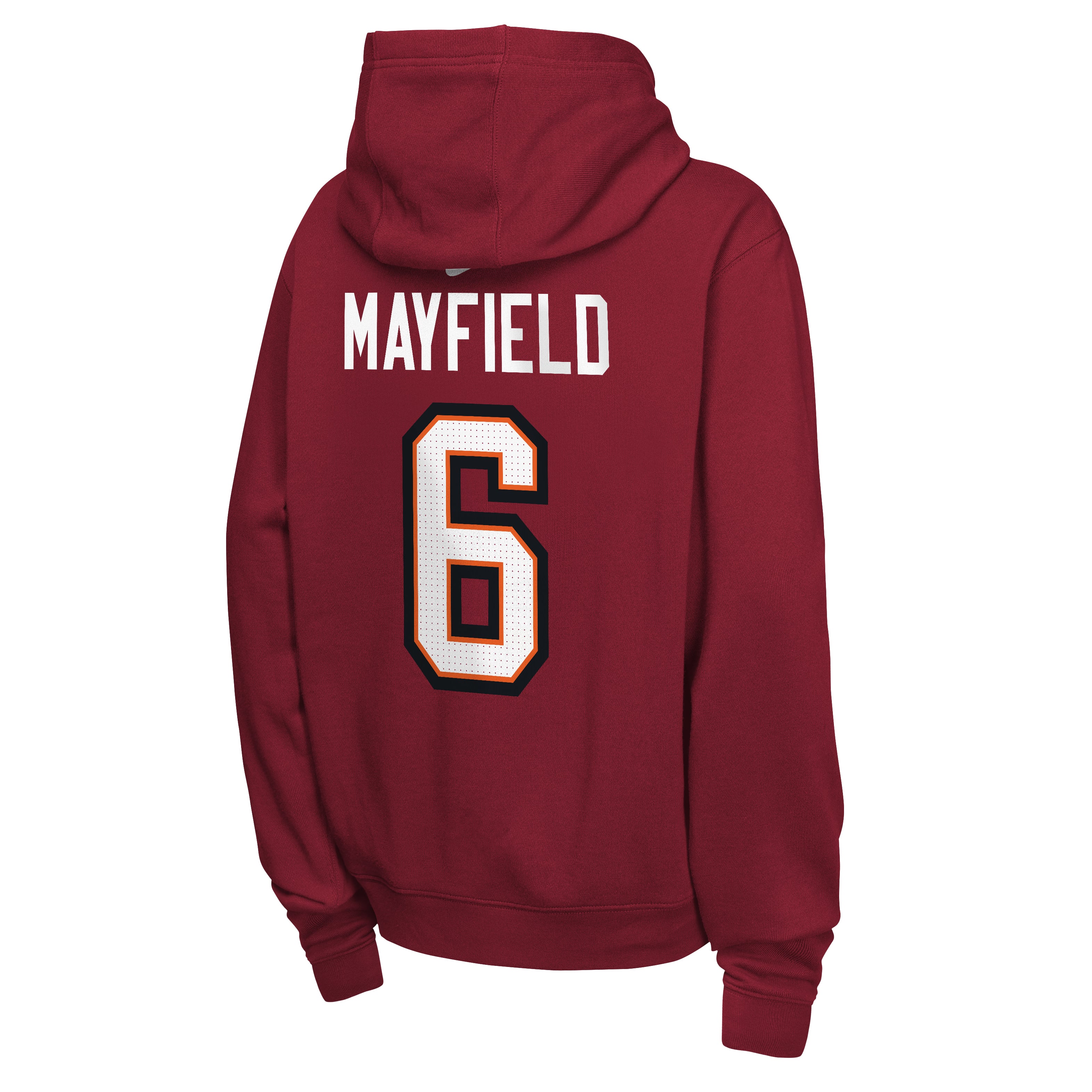 Sweat à capuche polaire Nike Baker Mayfield rouge Tampa Bay Buccaneers pour enfant, avec nom et numéro.