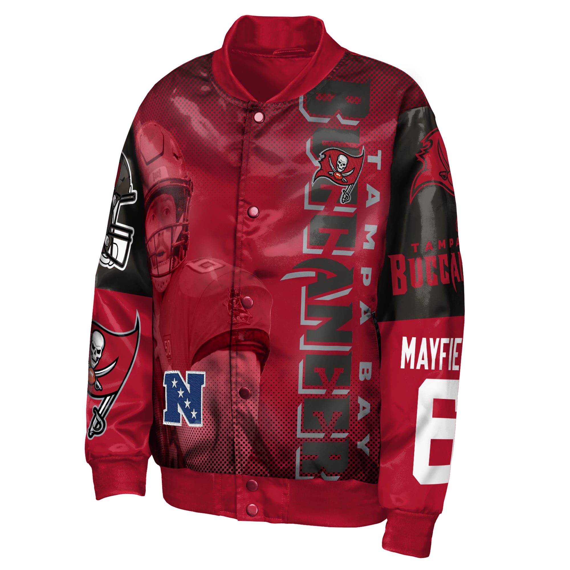 Veste satinée légendaire à boutons-pression rouges Baker Mayfield des Buccaneers de Tampa Bay pour jeunes la marque Outerstuff.