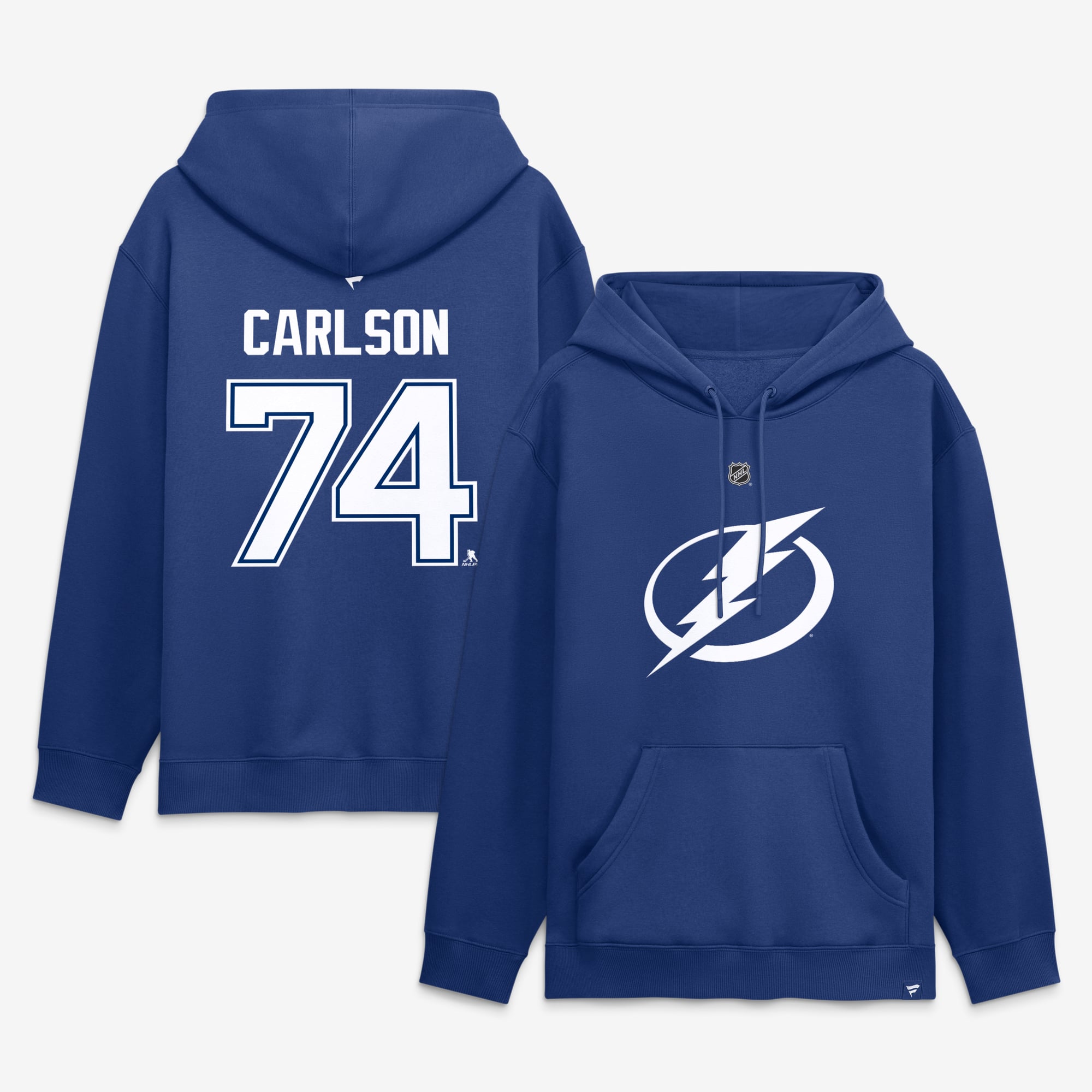Sweat à capuche authentique Fanatics John Carlson bleu Tampa Bay Lightning pour homme