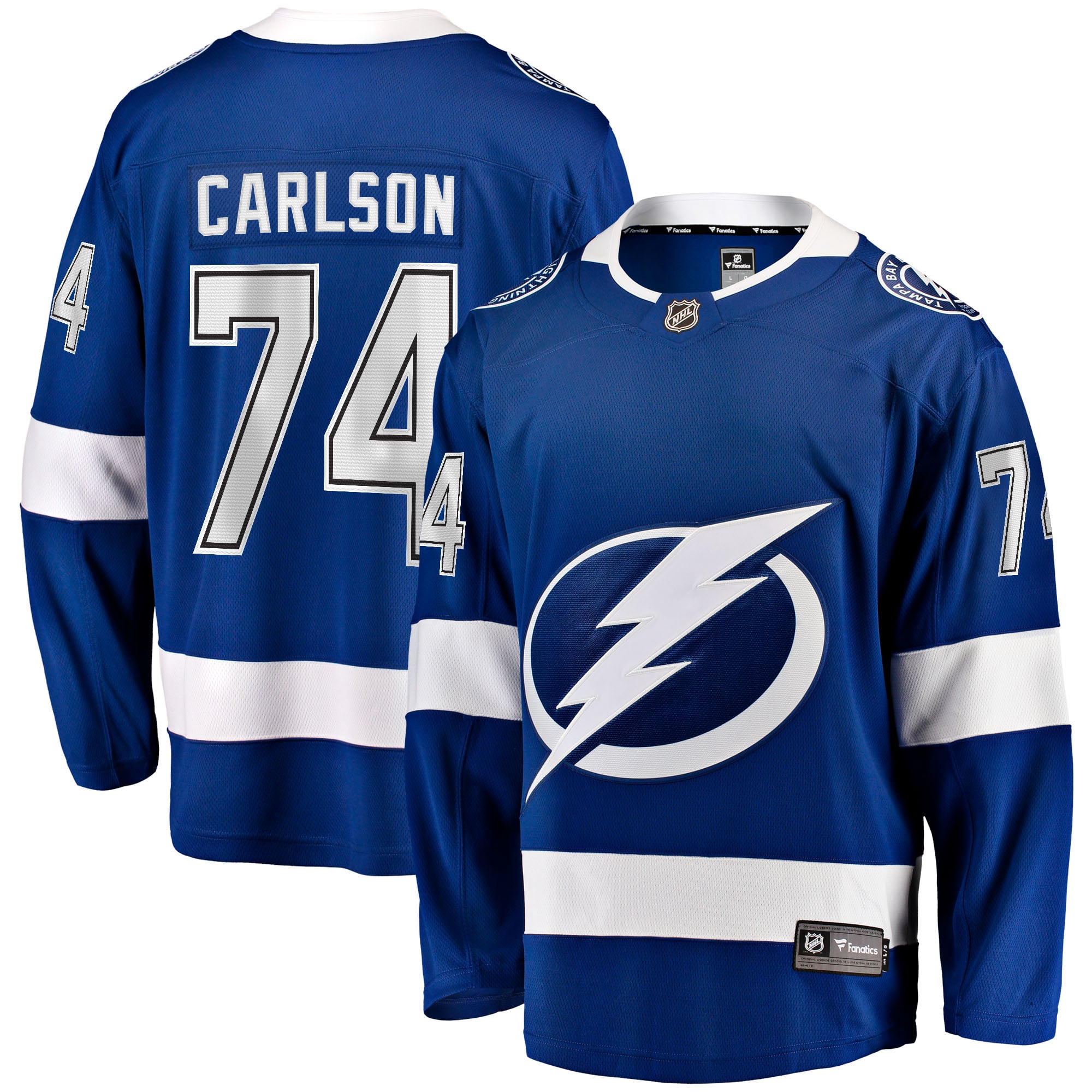 Maillot domicile bleu à scratch John Carlson des Lightning de Tampa Bay (Fanatics) pour homme