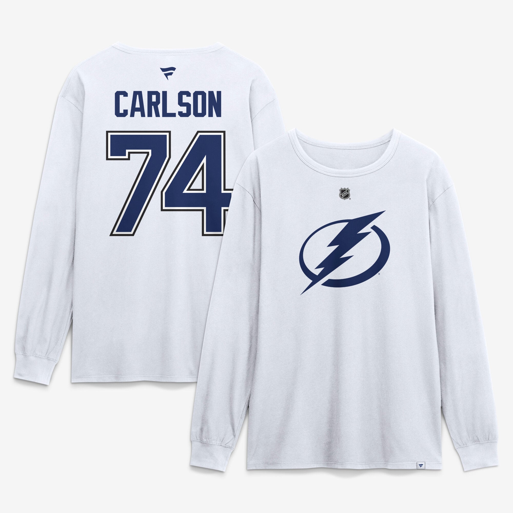 T-shirt à manches longues authentique Fanatics John Carlson blanc Tampa Bay Lightning avec nom et numéro superposés