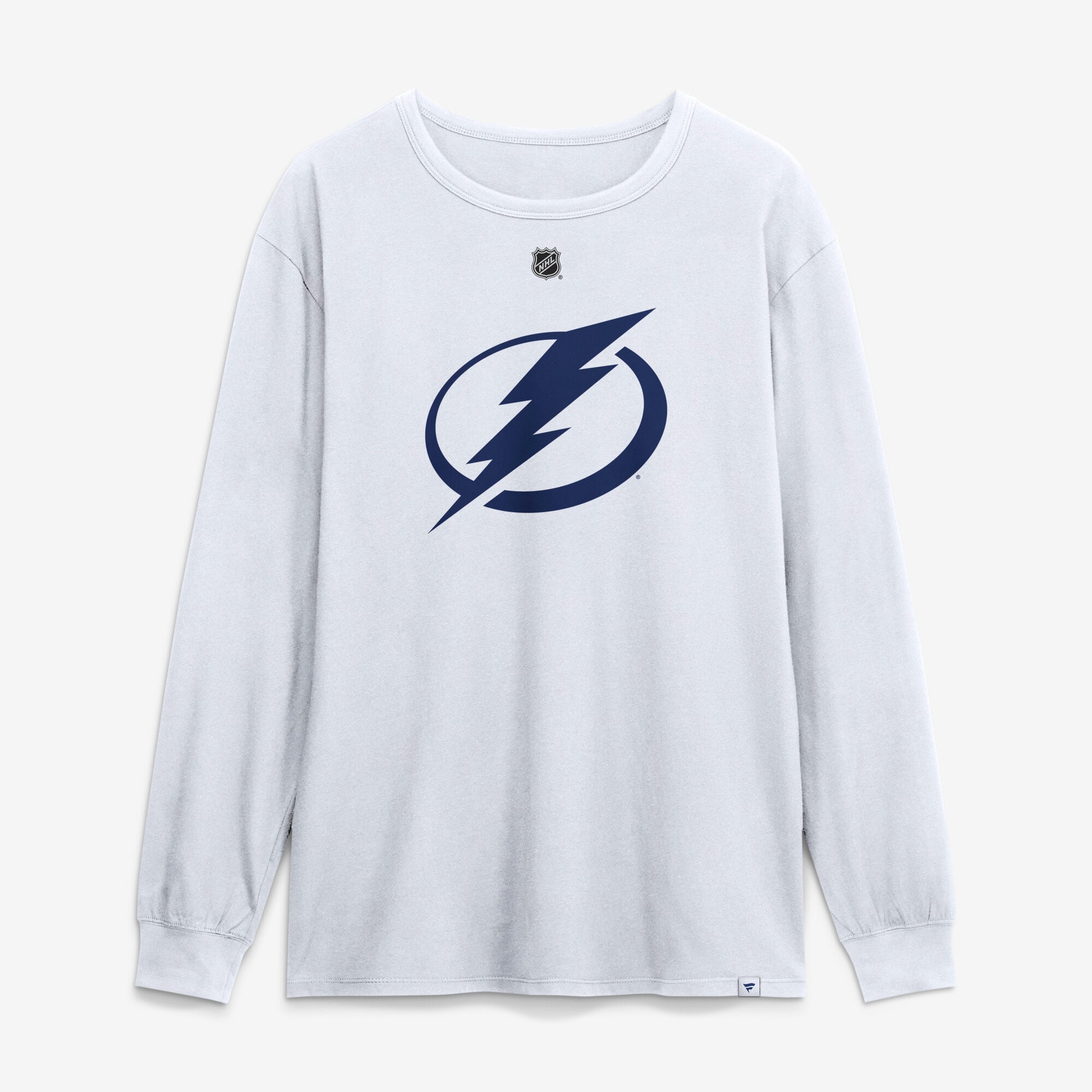 T-shirt à manches longues authentique Fanatics John Carlson blanc Tampa Bay Lightning avec nom et numéro superposés