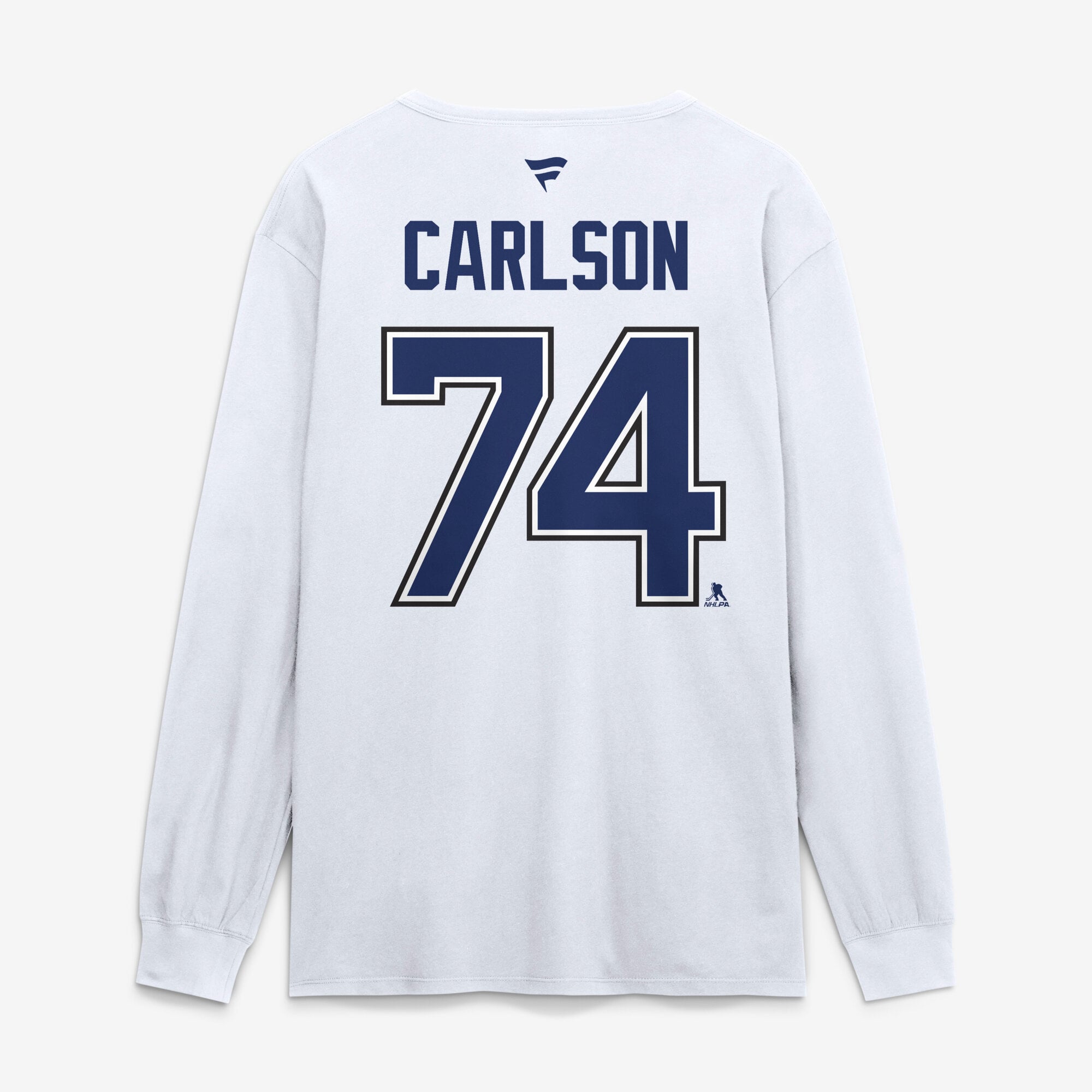 T-shirt à manches longues authentique Fanatics John Carlson blanc Tampa Bay Lightning avec nom et numéro superposés