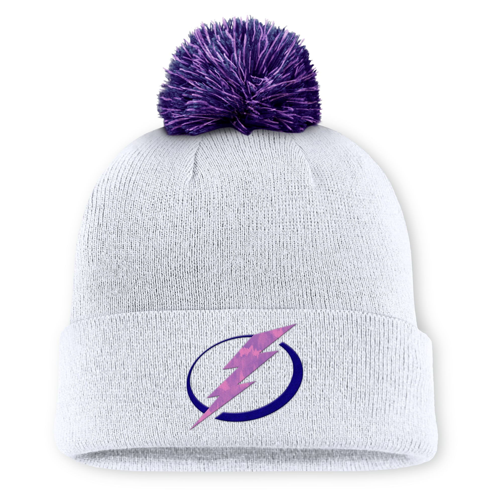 Bonnet tricoté à revers avec pompon, blanc, authentique, Tampa Bay Lightning, Fanatics, pour homme