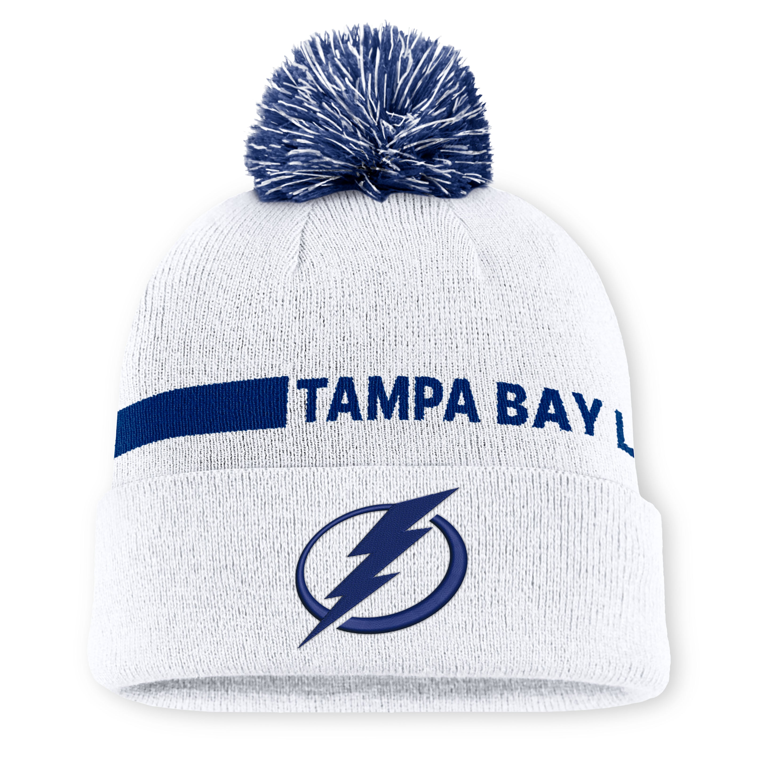 Bonnet tricoté authentique Pro Rink à revers, blanc, Tampa Bay Lightning, Fanatics, pour homme, avec pompon