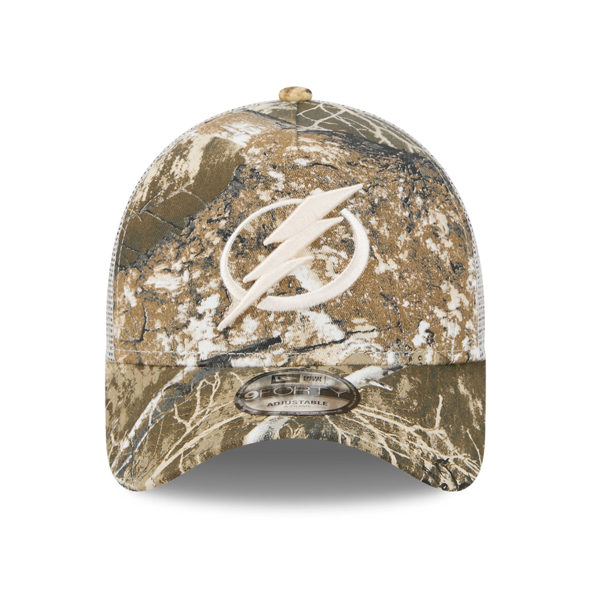 Casquette trucker ajustable New Era Camo Tampa Bay Lightning Real Tree A-Frame 9FORTY pour homme
