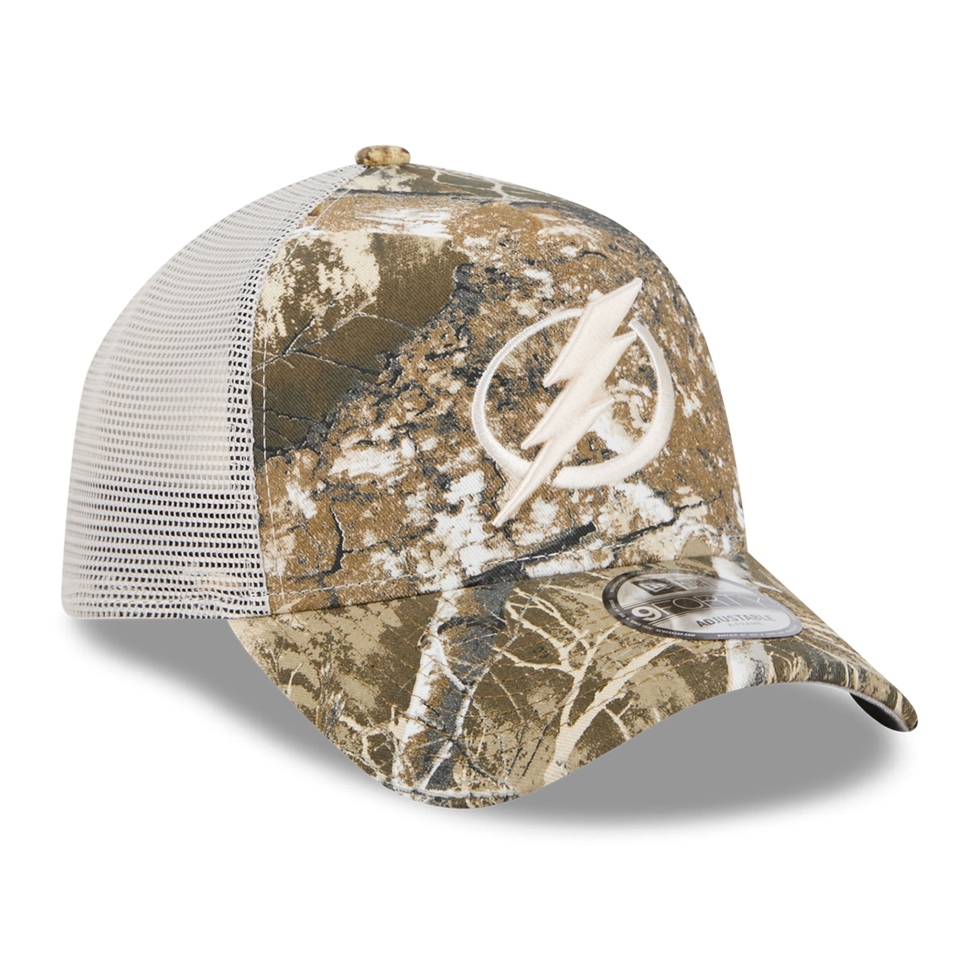 Casquette trucker ajustable New Era Camo Tampa Bay Lightning Real Tree A-Frame 9FORTY pour homme