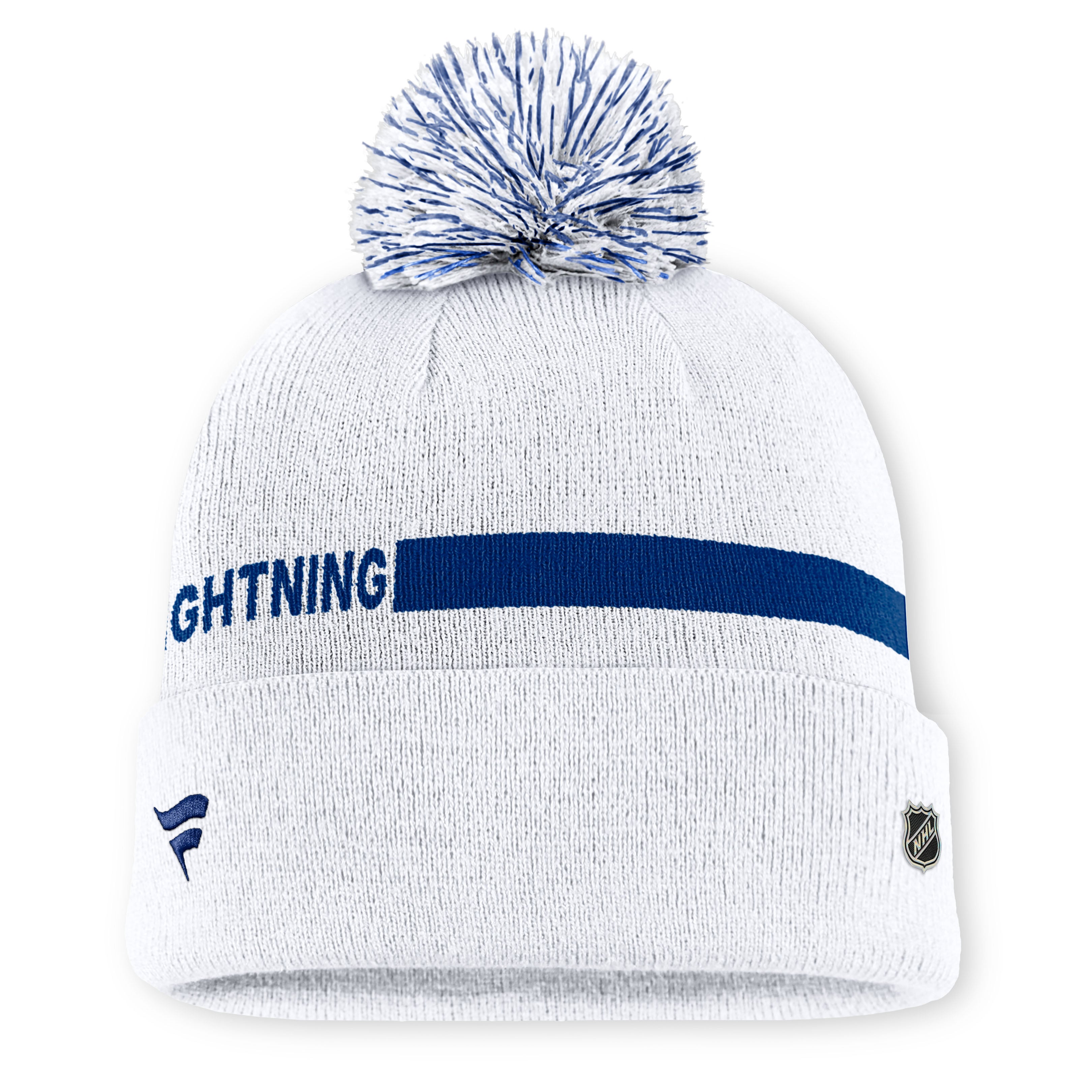 Bonnet tricoté authentique Pro Rink blanc à revers avec pompon, de marque Fanatics, pour femme, Tampa Bay Lightning.