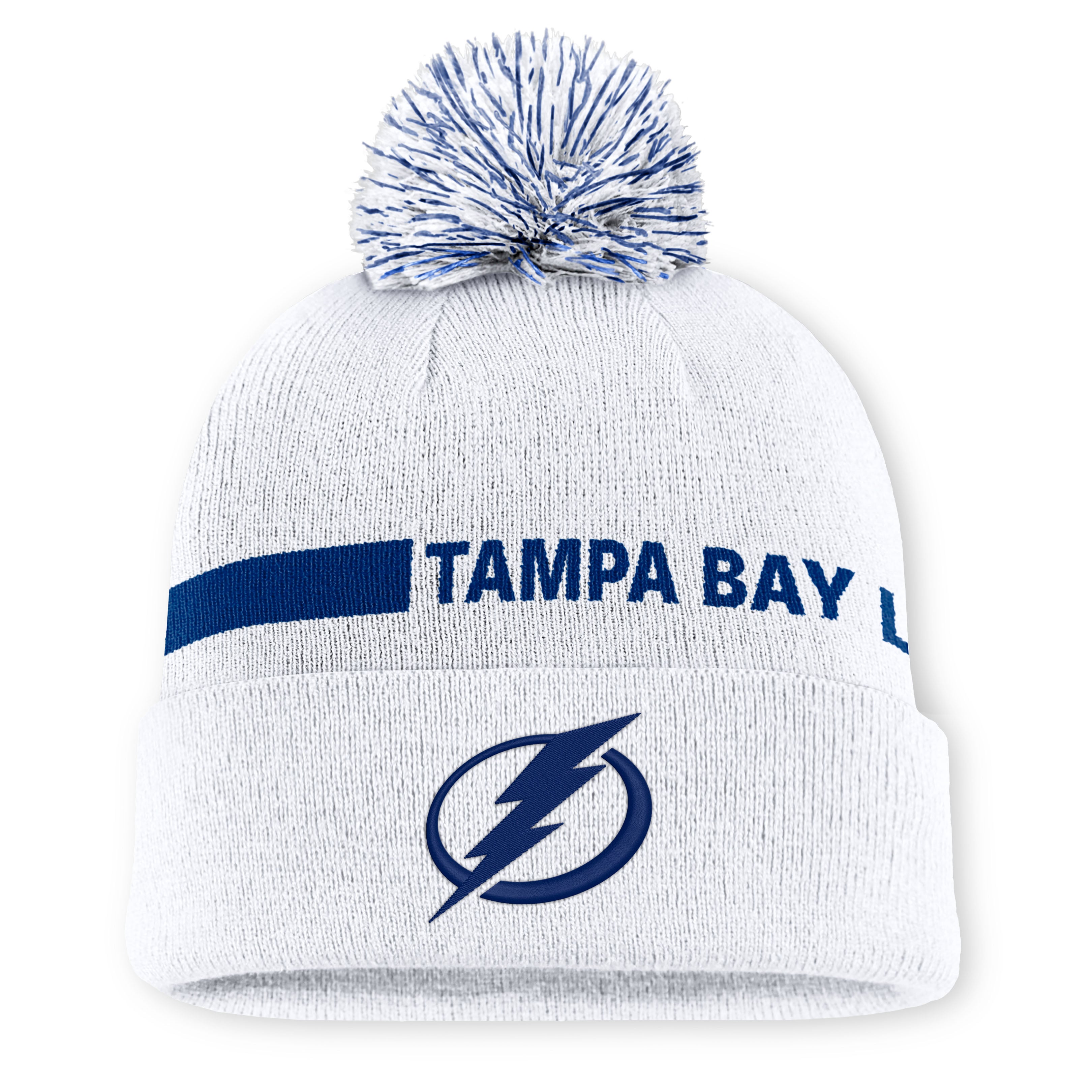 Bonnet tricoté authentique Pro Rink blanc à revers avec pompon, de marque Fanatics, pour femme, Tampa Bay Lightning.