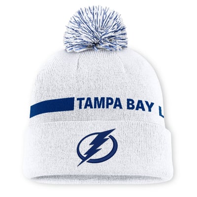 Women's Tampa Bay Lightning Fanatics White Authentic Pro Rink Cuffed Knit Hat with Pom