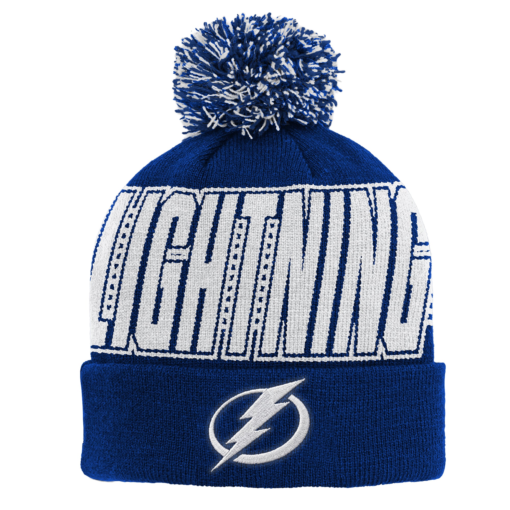 Bonnet tricoté à revers bleu Tampa Bay Lightning pour enfant Outerstuff avec pompon