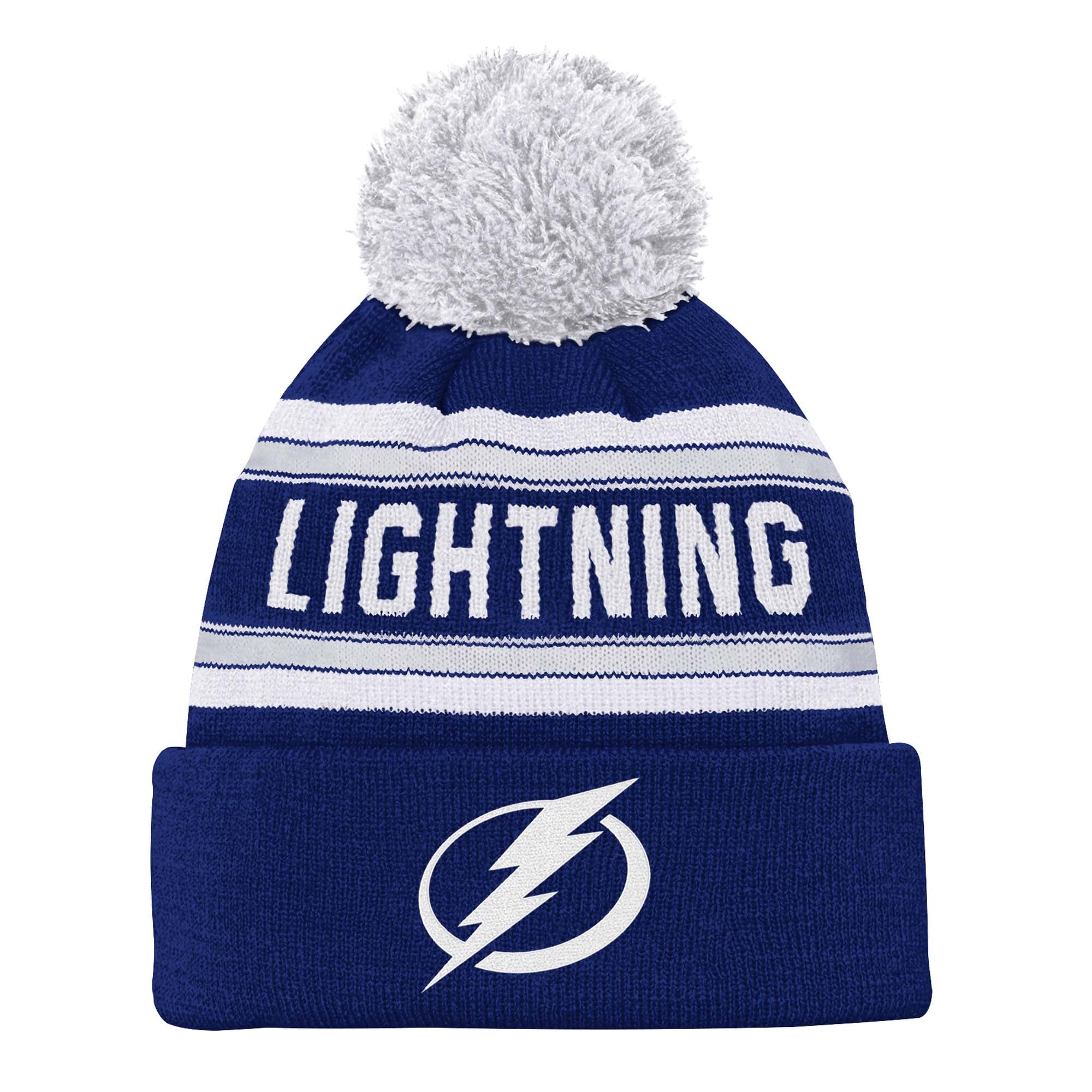 Bonnet en tricot à revers en jacquard bleu Lightning de Tampa Bay pour jeune avec pompon