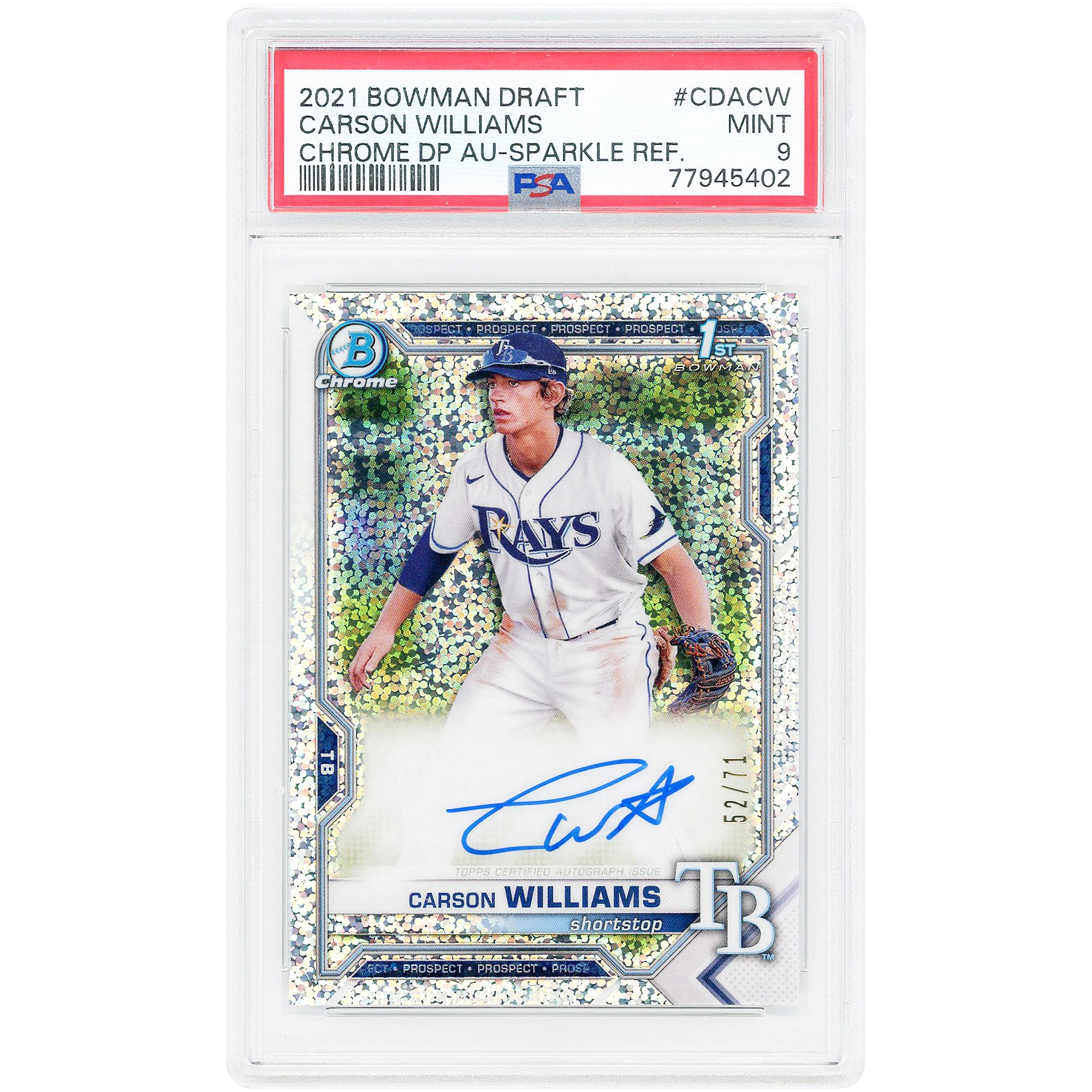 Carson Williams Tampa Bay Rays Autographed 2021 Bowman Draft Chrome Sparkle Refractor #CDA-CW #52/71 PSA Authenticated 9 Card