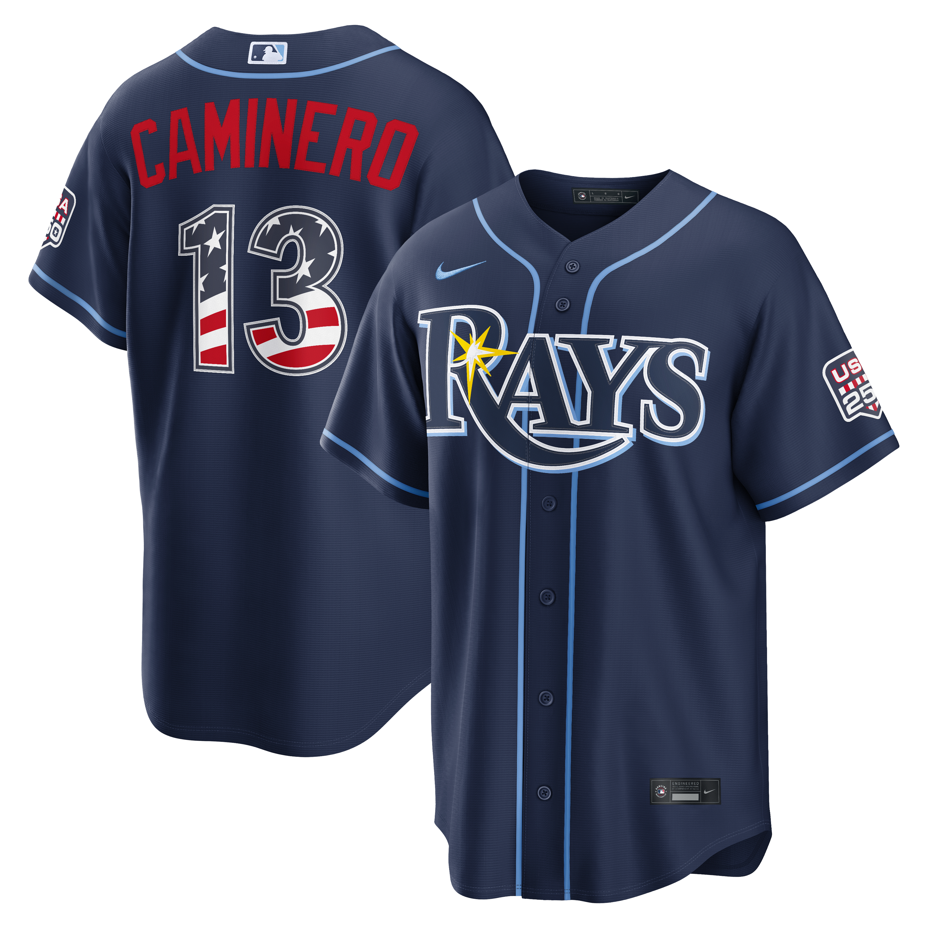 Maillot de stade Nike Caminero Junior bleu marine des Tampa Bay Rays pour hommes, édition spéciale 4 juillet, USA 250