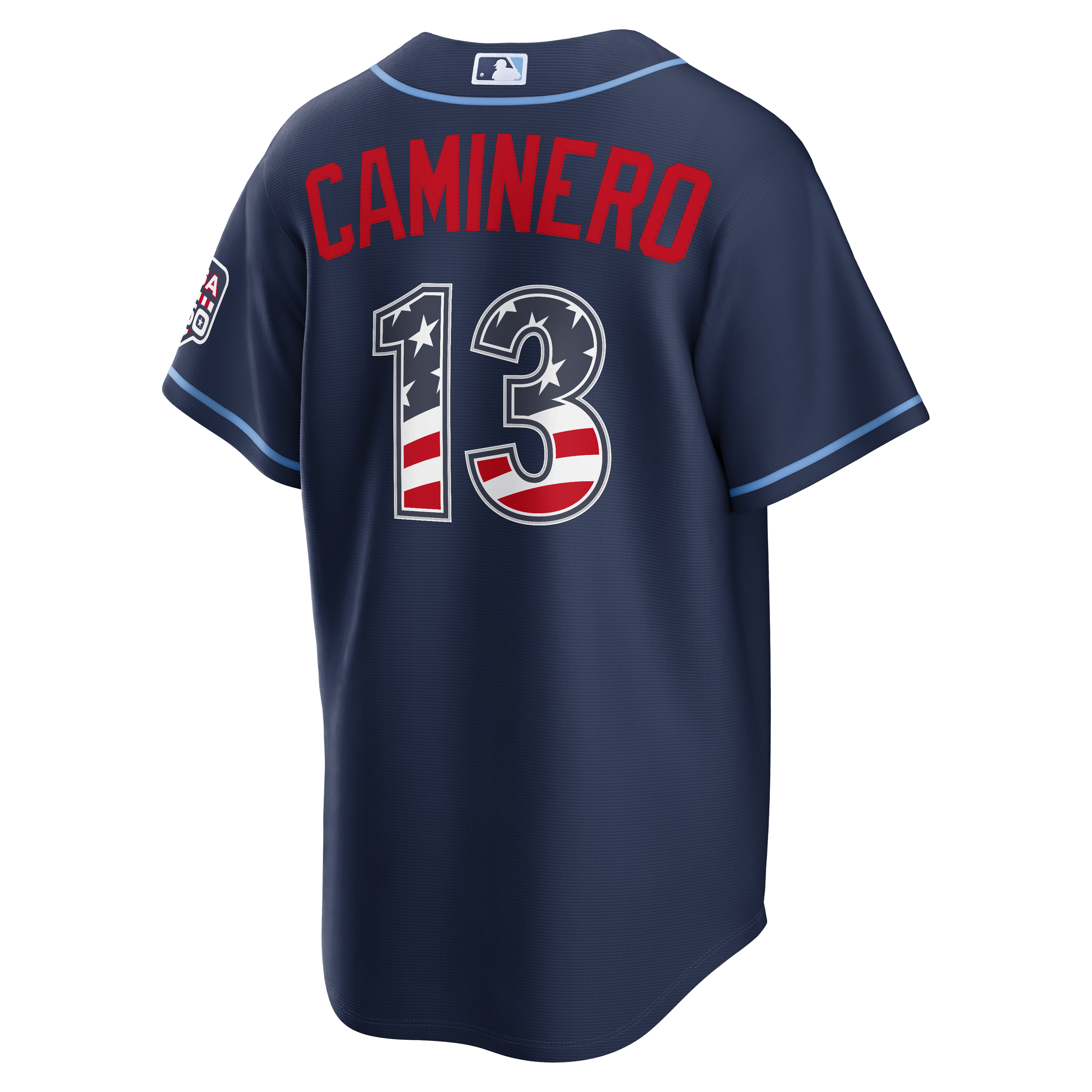 Maillot de stade Nike Caminero Junior bleu marine des Tampa Bay Rays pour hommes, édition spéciale 4 juillet, USA 250