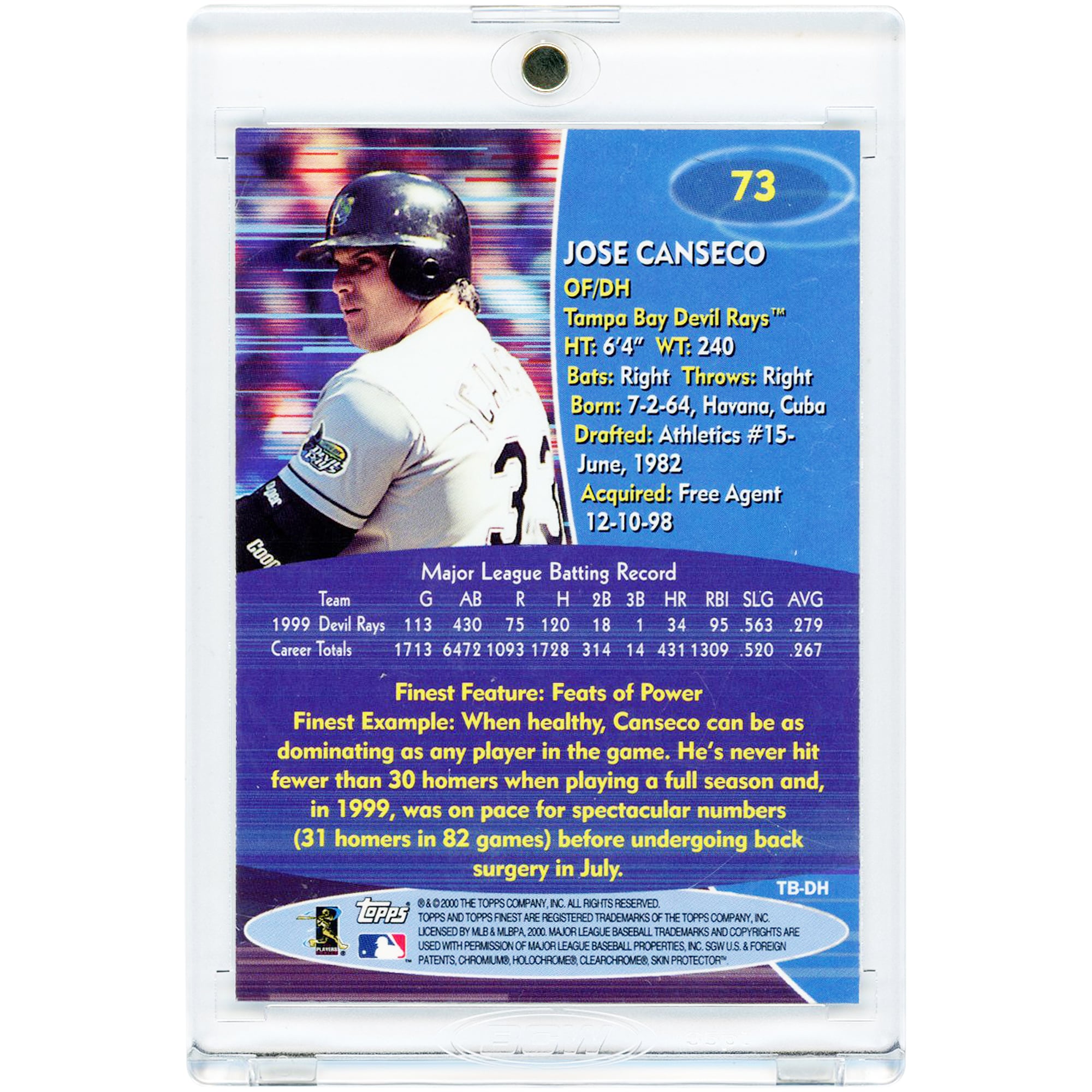 Jose Canseco Tampa Bay Rays Autographed 2000 Topps Finest #73 Card