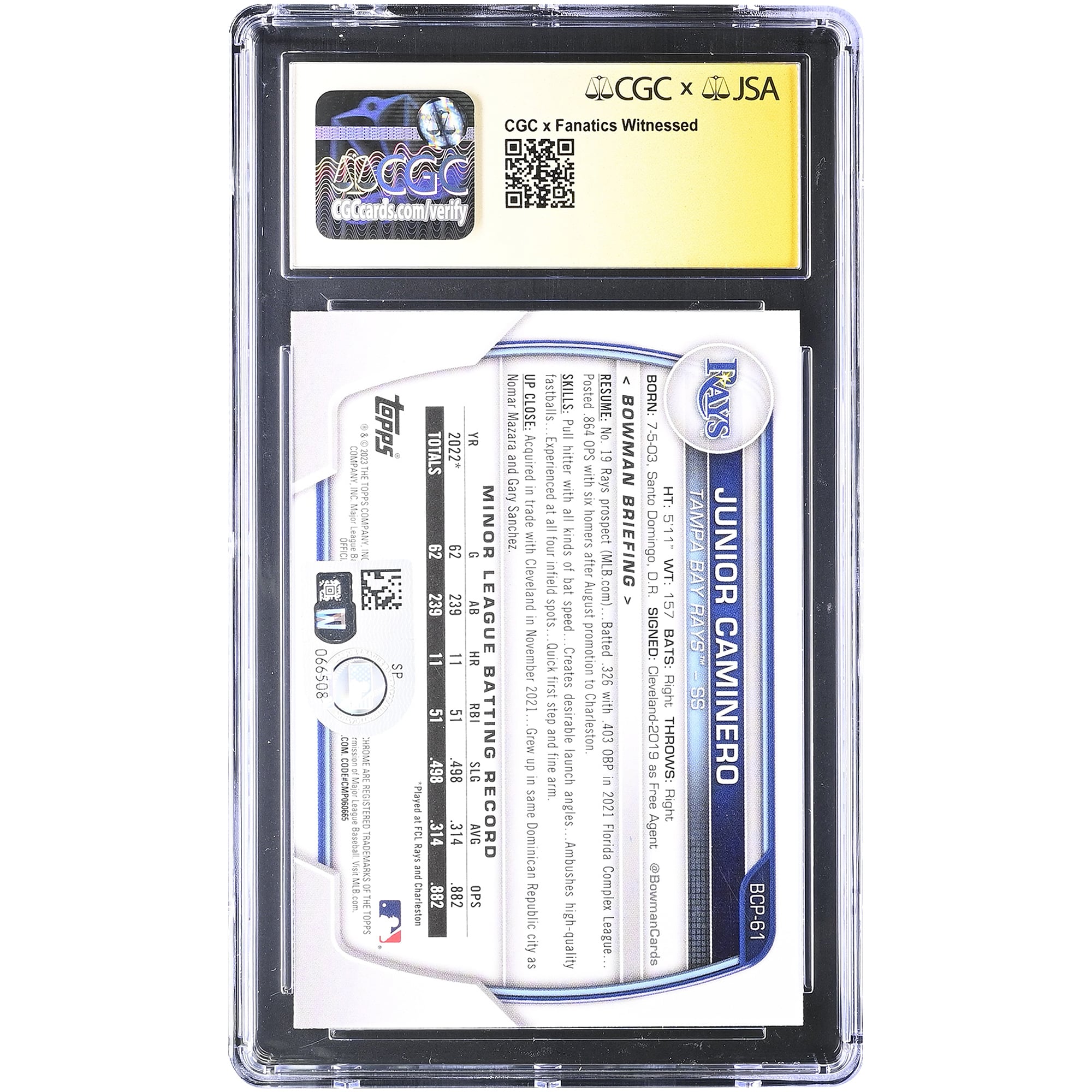 Carte autographiée de Junior Caminero (Tampa Bay Rays) - Bowman Chrome Prospects 2023 #BCP-61 - Authentifiée par Fanatics Witnessed (CGC) - Note : 9/10