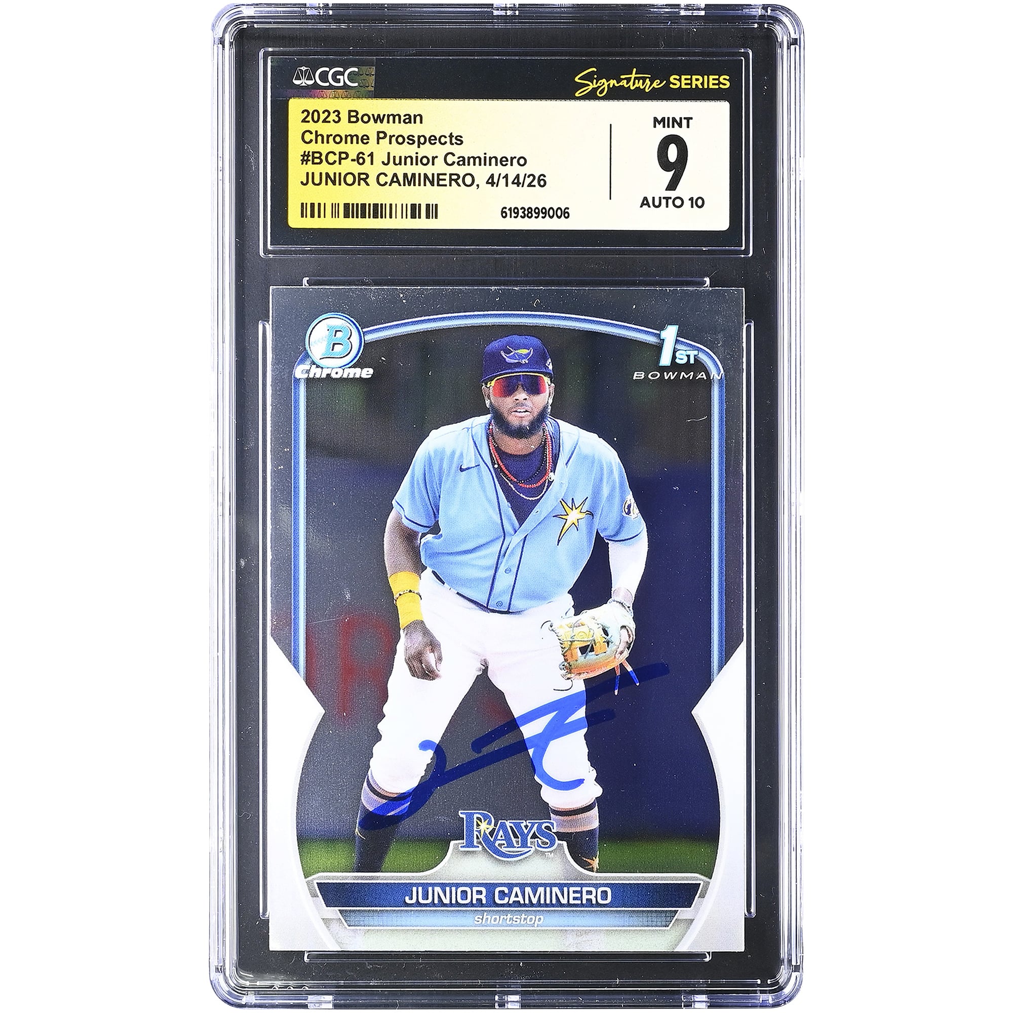 Carte autographiée de Junior Caminero (Tampa Bay Rays) - Bowman Chrome Prospects 2023 #BCP-61 - Authentifiée par Fanatics Witnessed (CGC) - Note : 9/10