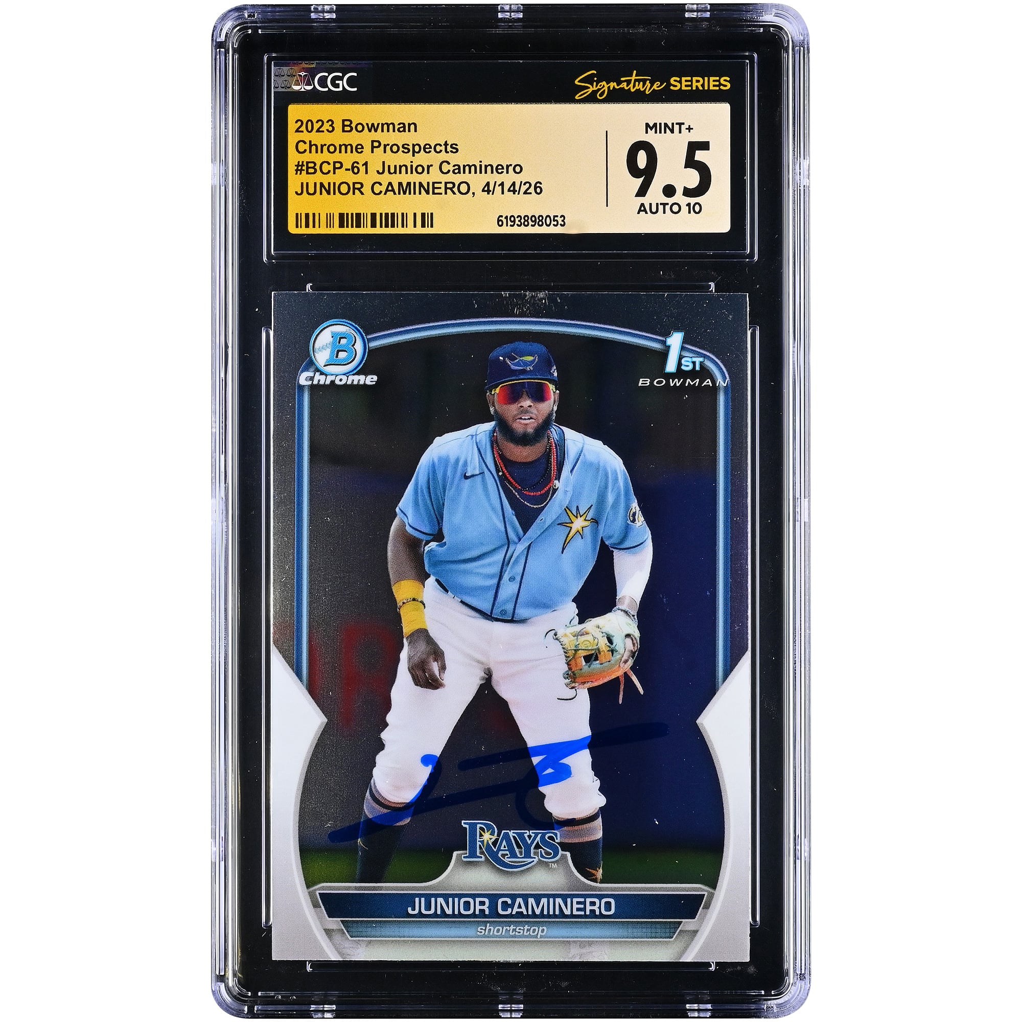 Junior Caminero Tampa Bay Rays Autographed 2023 Bowman Chrome Prospects #BCP-61 CGC Fanatics Witnessed Authenticated 9.5/10 Card