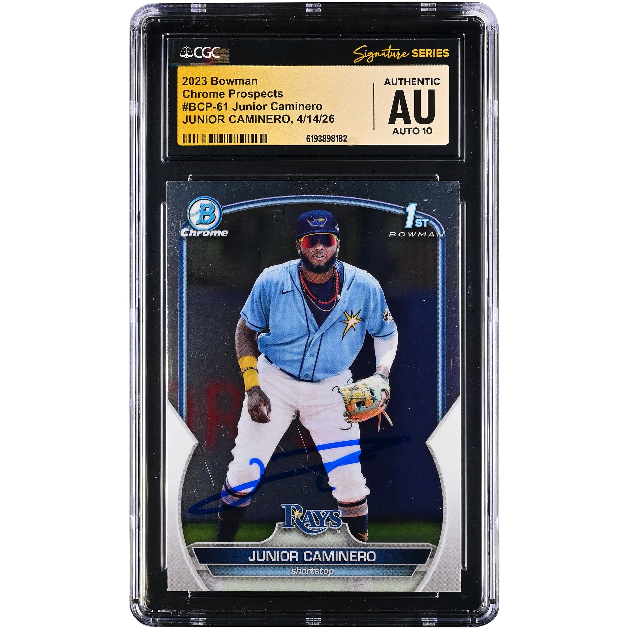 Junior Caminero Tampa Bay Rays Autographed 2023 Bowman Chrome Prospects #BCP-61 CGC Fanatics Witnessed Authenticated AUTO 10 Card