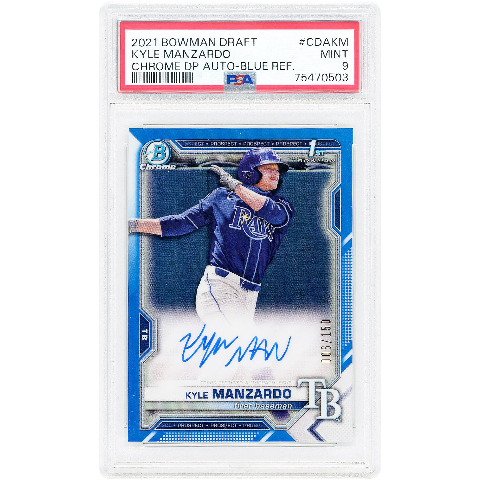 Kyle Manzardo Tampa Bay Rays Autographed 2021 Bowman Draft Chrome Blue Refractor #CDA-KM #6/150 PSA Authenticated 9 Card