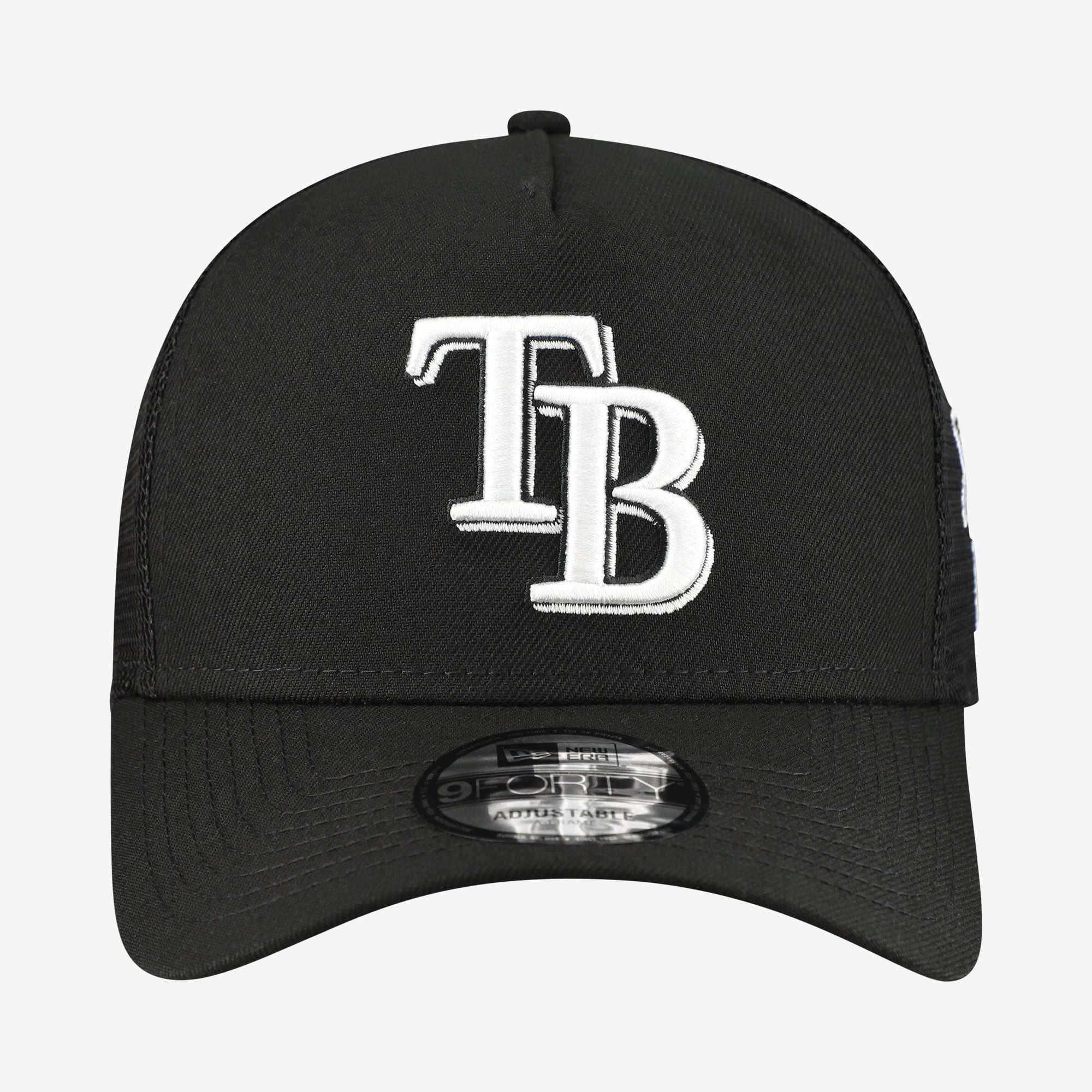 Casquette trucker New Era noire Tampa Bay Rays pour homme, modèle 9FORTY, à monture A et logo latéral, ajustable.