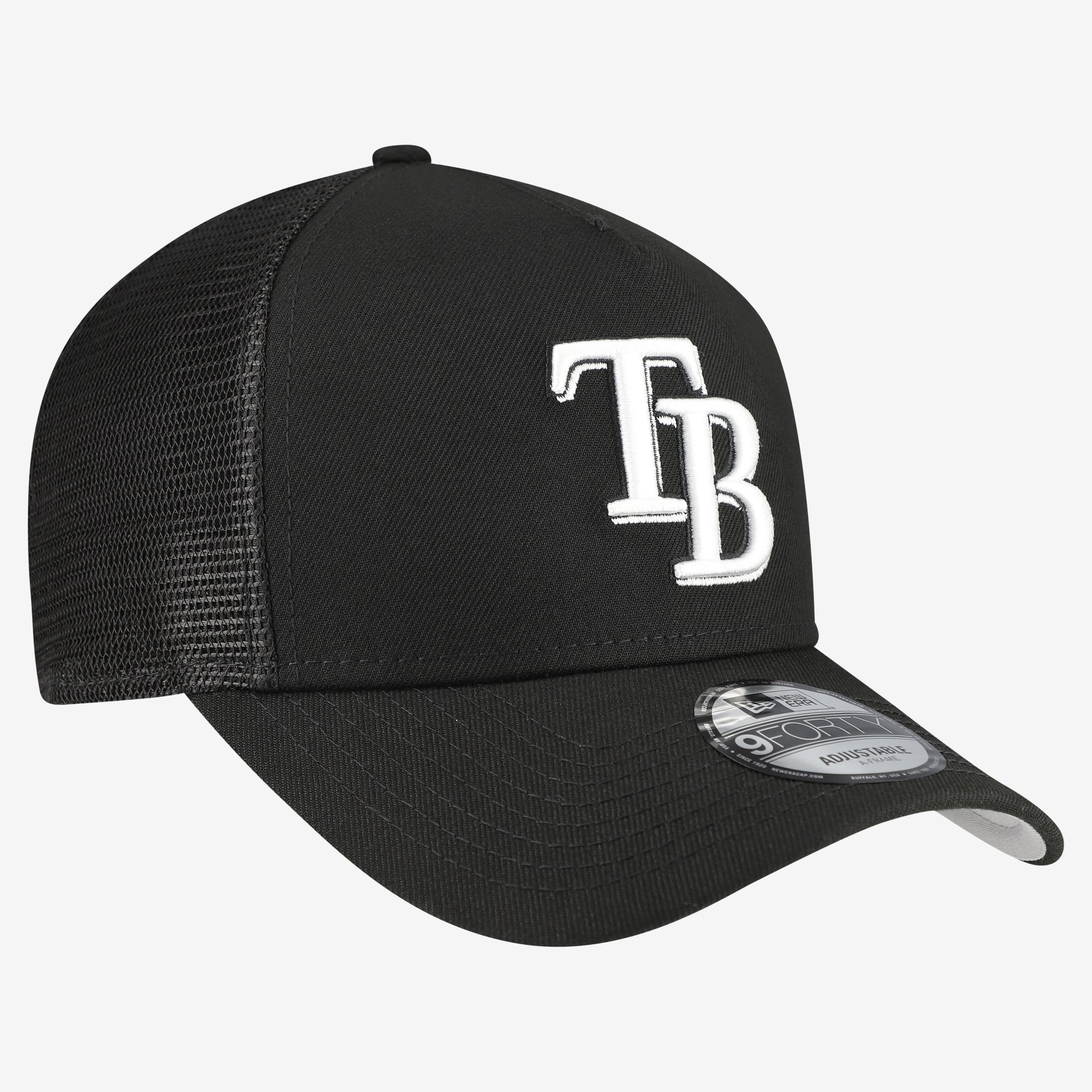 Casquette trucker New Era noire Tampa Bay Rays pour homme, modèle 9FORTY, à monture A et logo latéral, ajustable.