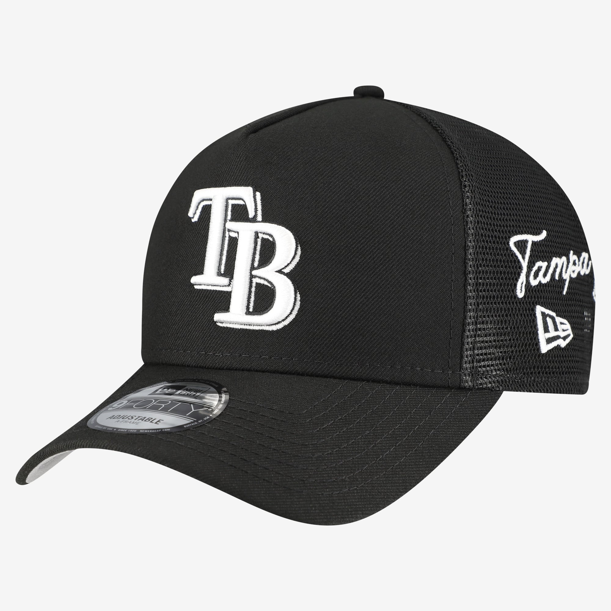 Casquette trucker New Era noire Tampa Bay Rays pour homme, modèle 9FORTY, à monture A et logo latéral, ajustable.
