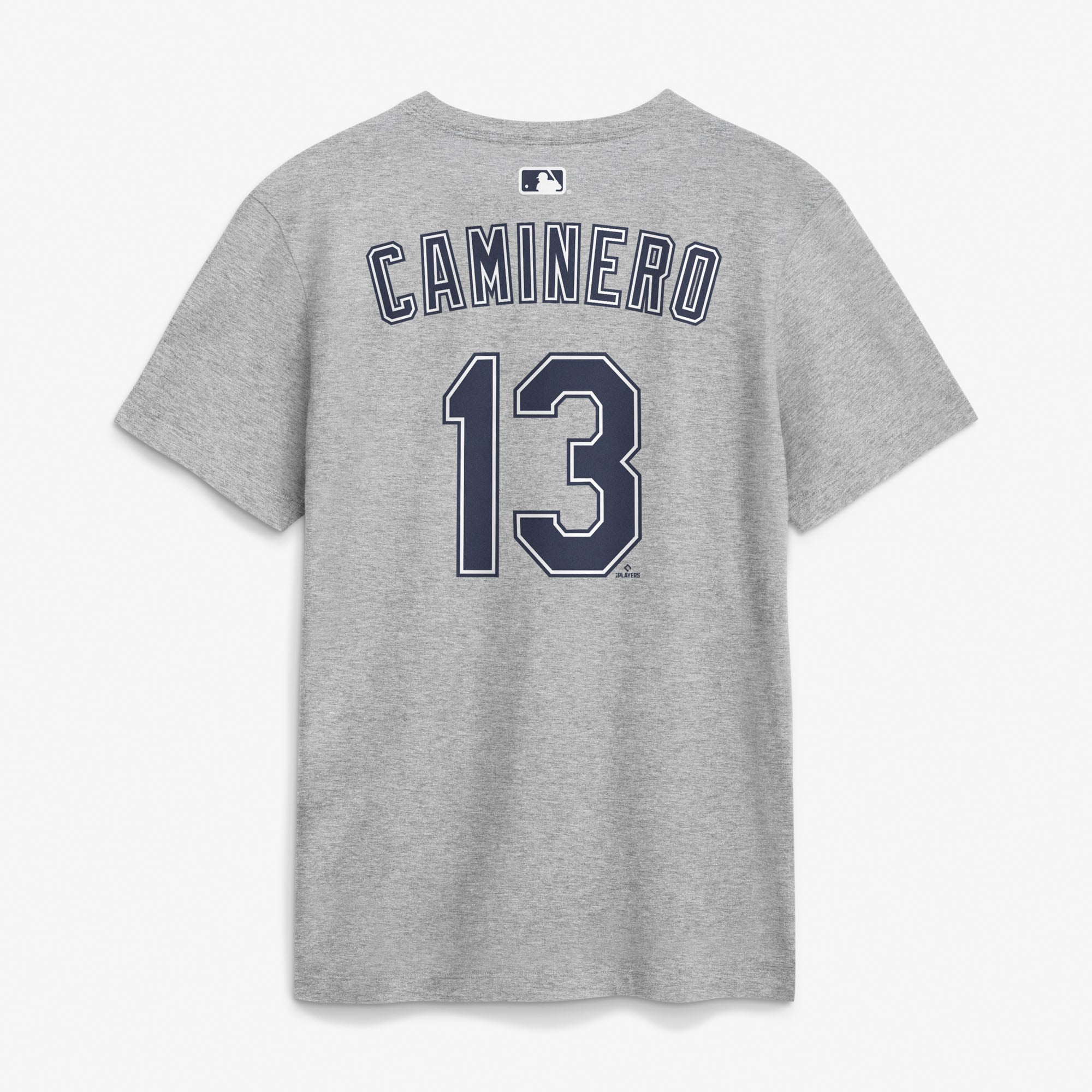 T-shirt Nike Junior Caminero gris Tampa Bay Rays pour homme, avec nom et numéro, l'extérieur