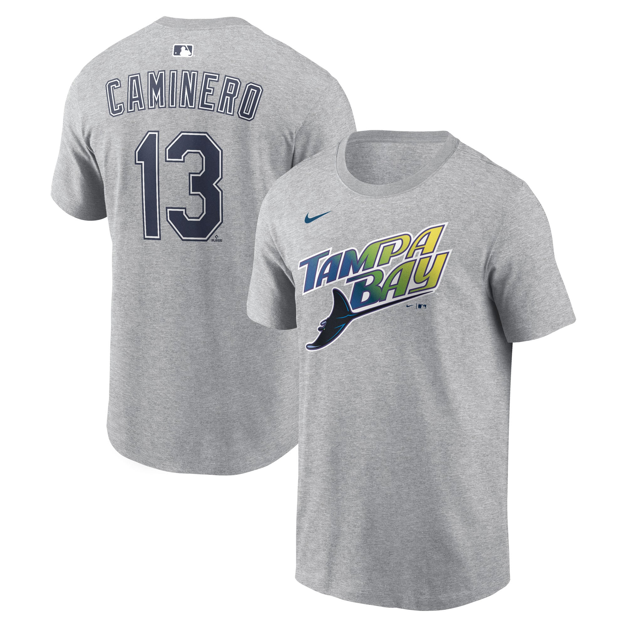 T-shirt Nike Junior Caminero gris Tampa Bay Rays pour homme, avec nom et numéro, l'extérieur