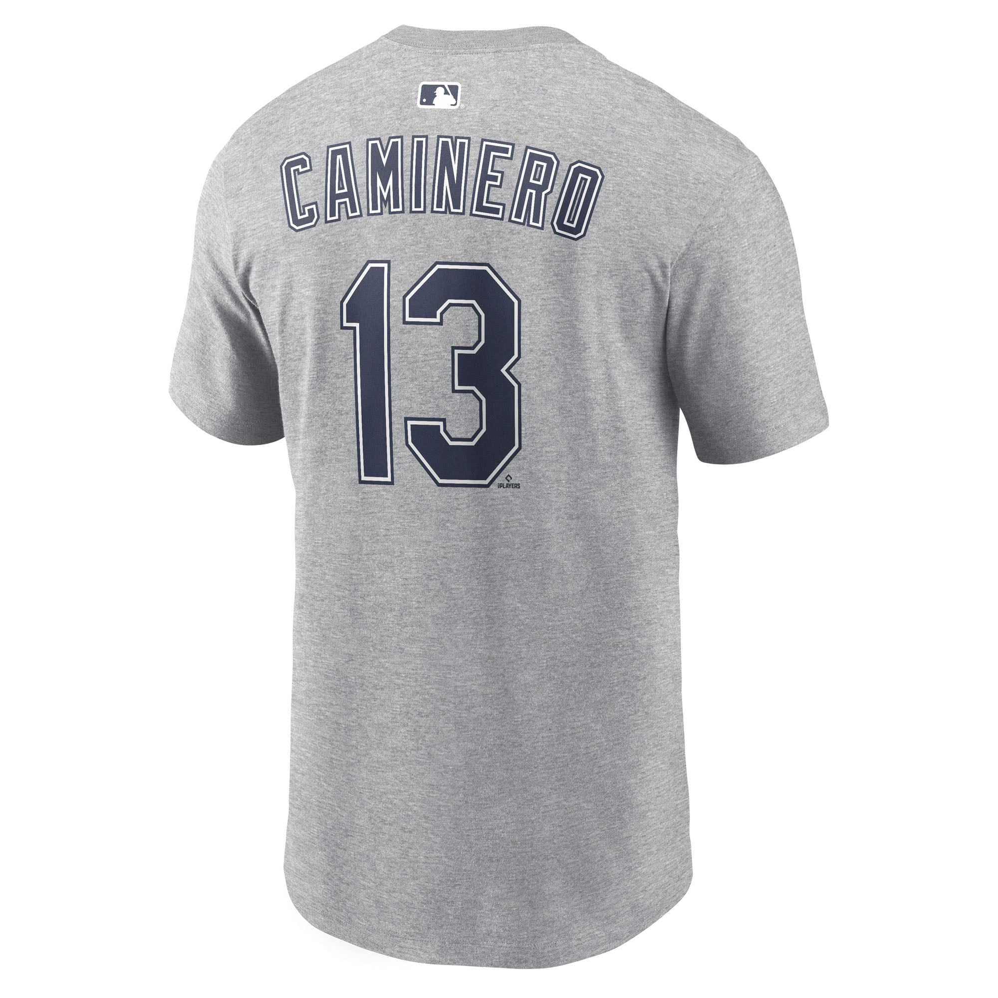 T-shirt Nike Junior Caminero gris Tampa Bay Rays pour homme, avec nom et numéro, l'extérieur