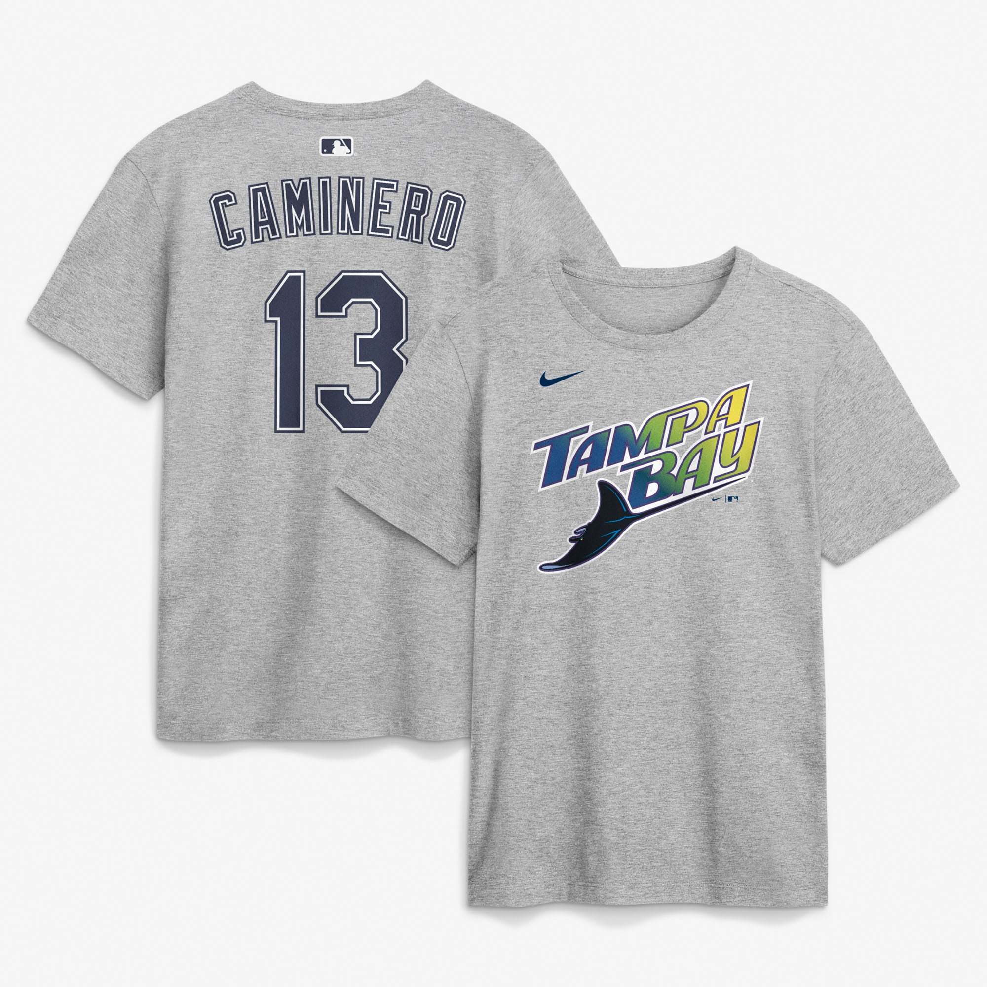T-shirt Nike Junior Caminero gris Tampa Bay Rays pour homme, avec nom et numéro, l'extérieur