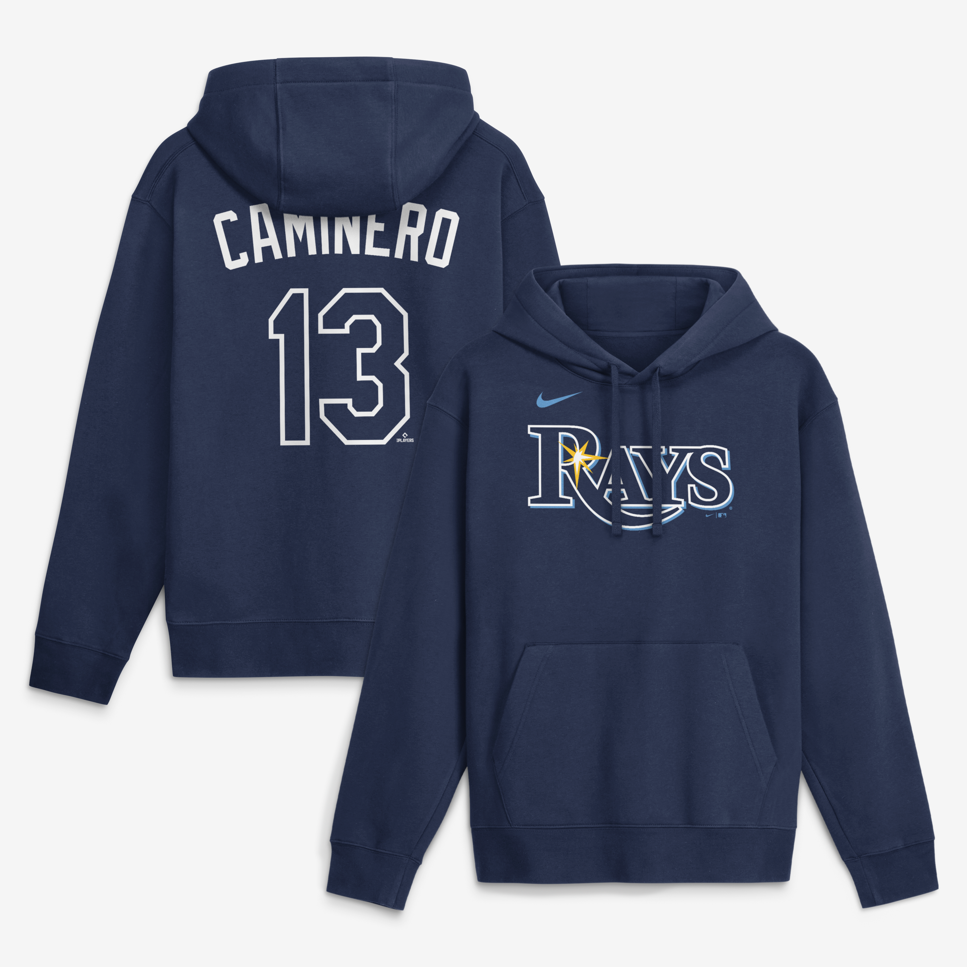 Sweat à capuche en polaire Nike Junior Caminero pour hommes, bleu marine, Tampa Bay Rays, nom et numéro Club
