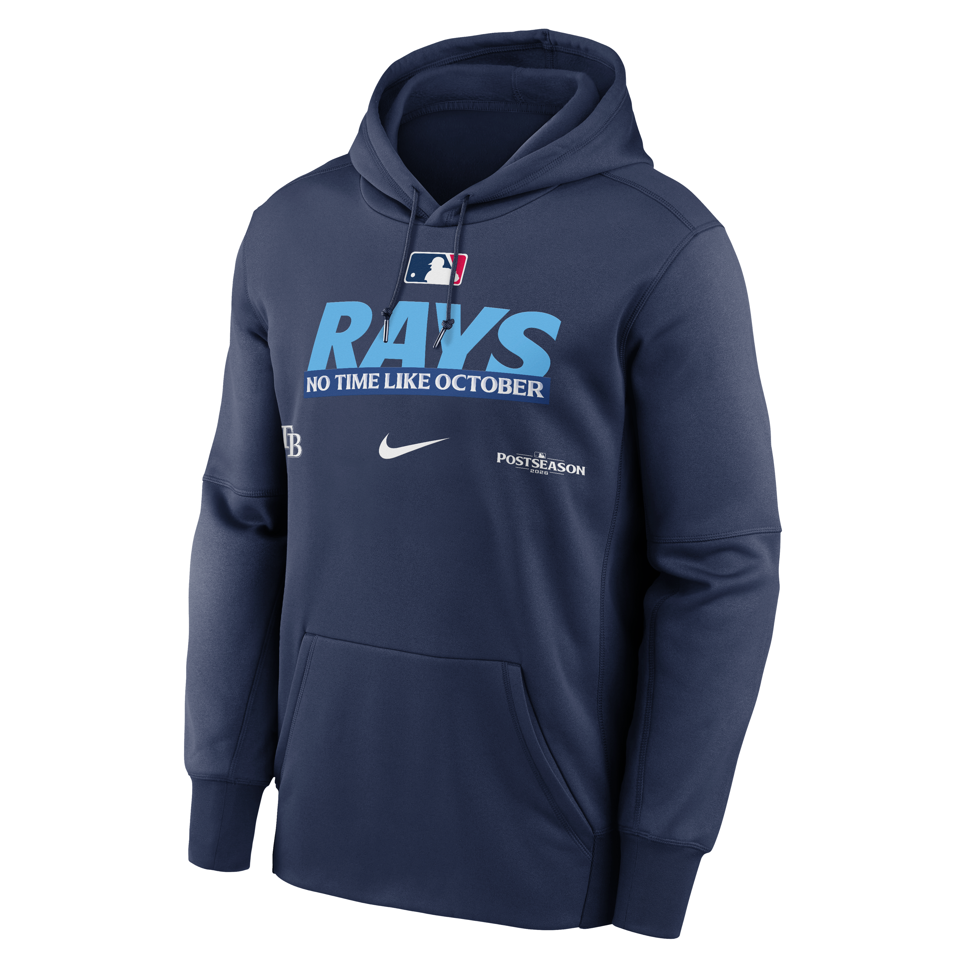 Sweat à capuche Nike Therma Fleece bleu marine pour homme, collection authentique des séries éliminatoires de la MLB 2026 Tampa Bay Rays Bay.