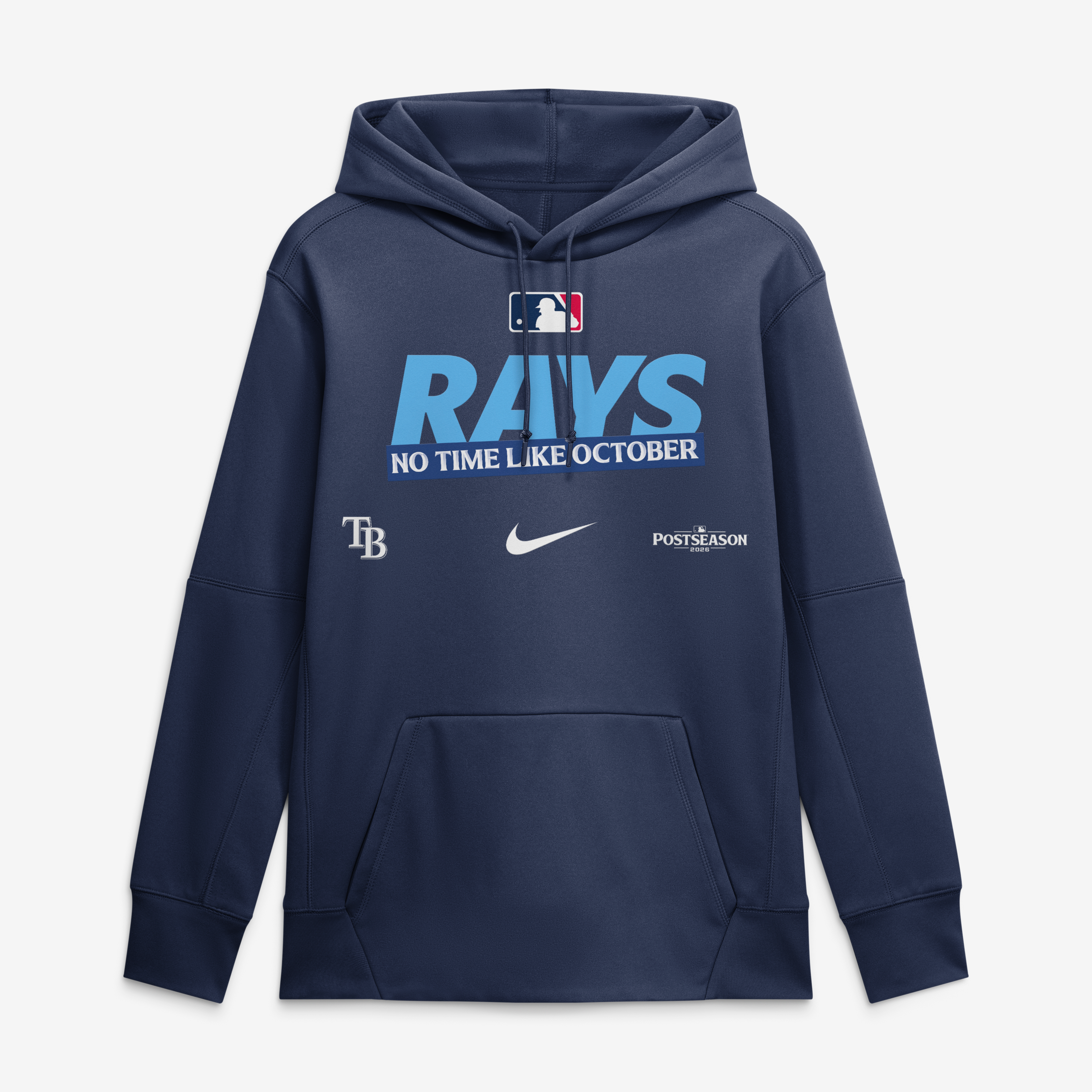 Sweat à capuche Nike Therma Fleece bleu marine pour homme, collection authentique des séries éliminatoires de la MLB 2026 Tampa Bay Rays Bay.