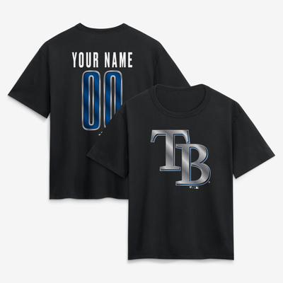 Tampa Bay Rays Women's Metallic Mascot Personalized Name & Number T-Shirt - Black