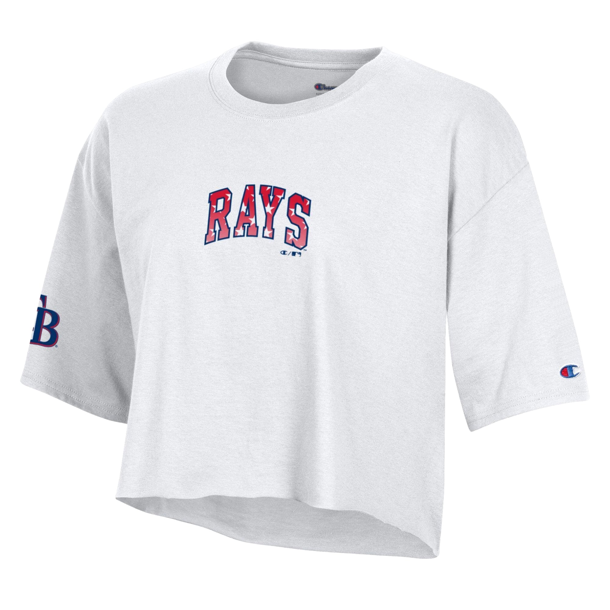 Women's Champion White Tampa Bay Rays Boyfriend Cropped Americana T-Shirt